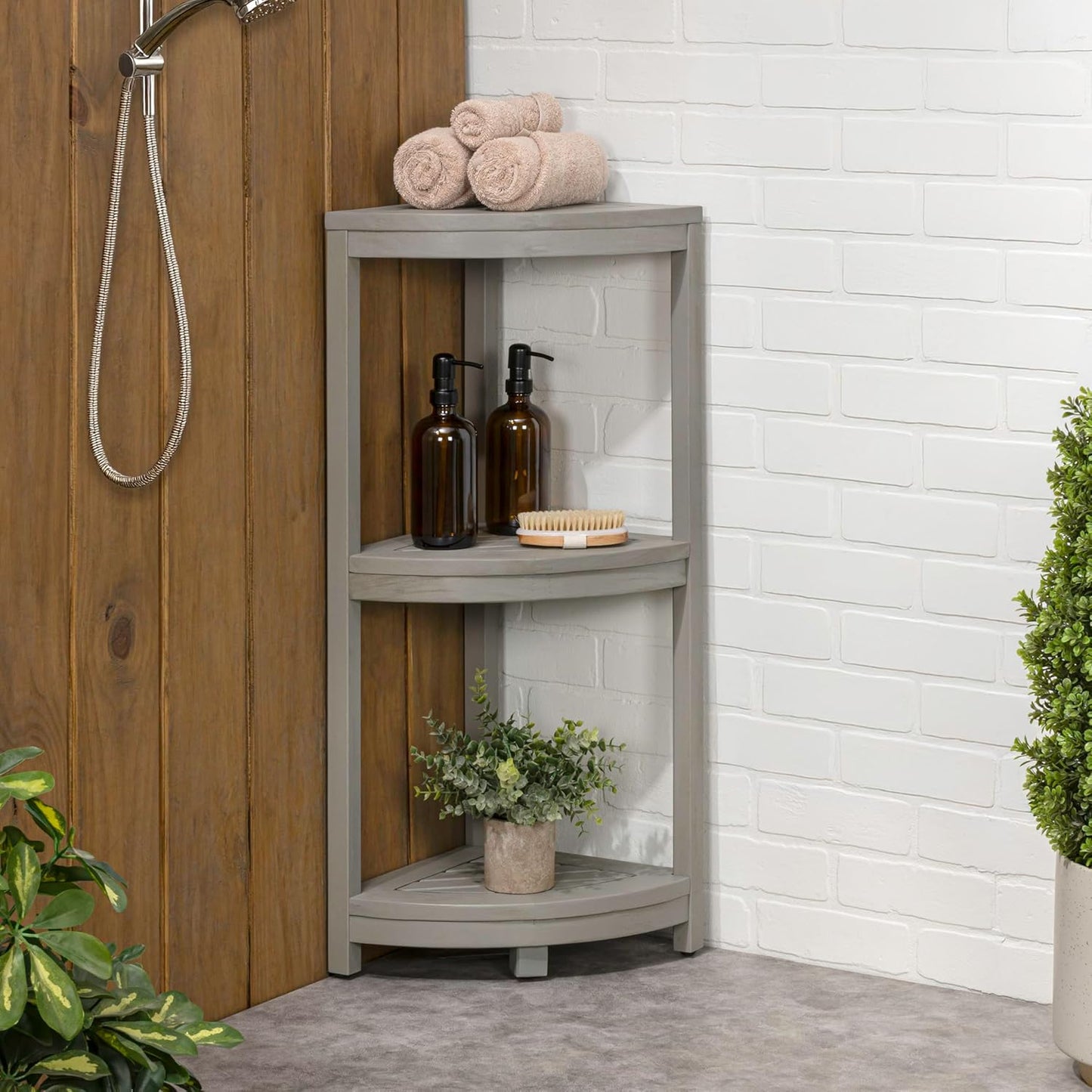 happimess SHF1000G Sela 33" Classic Minimalist 3-Tier Acacia Wood Freestanding Bathroom Corner Shelf, Shower Organizer, Storage Rack for Bath, Office, Kitchen Desktop, Gray