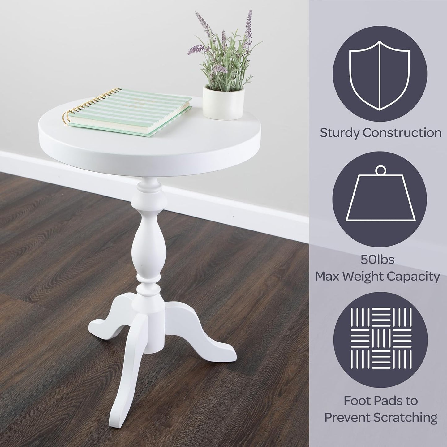 Pedestal Side Table - Round End Table with Vintage Look - Accent Furniture for Living Room, Bedroom, Office, or Entryway - Functional End Tables for Small Spaces by Lavish Home (White)
