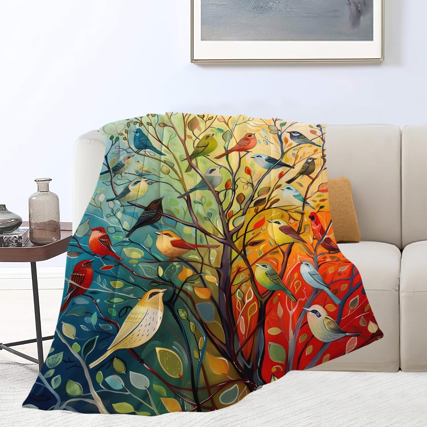Colorful Bird Tree Blanket Bird Tree Decor Animal Throw Blanket Gifts for Girls Boys Super Warm Soft Plush Lightweight Fleece Flannel Winter Bedding Blankets for Kids Adult Women Men 50"X40"
