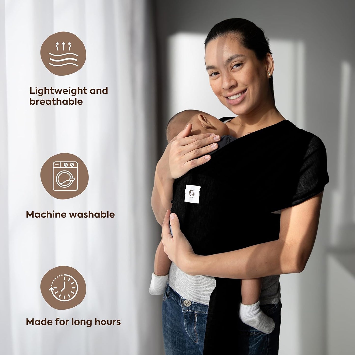 ELDOMA Black Baby Wrap Carrier - Lightweight, Breathable Baby Sling, Hands Free Baby Carrier Sling, Baby Carriers from Newborn to Toddler, (7-35 lbs / 3-15kg)