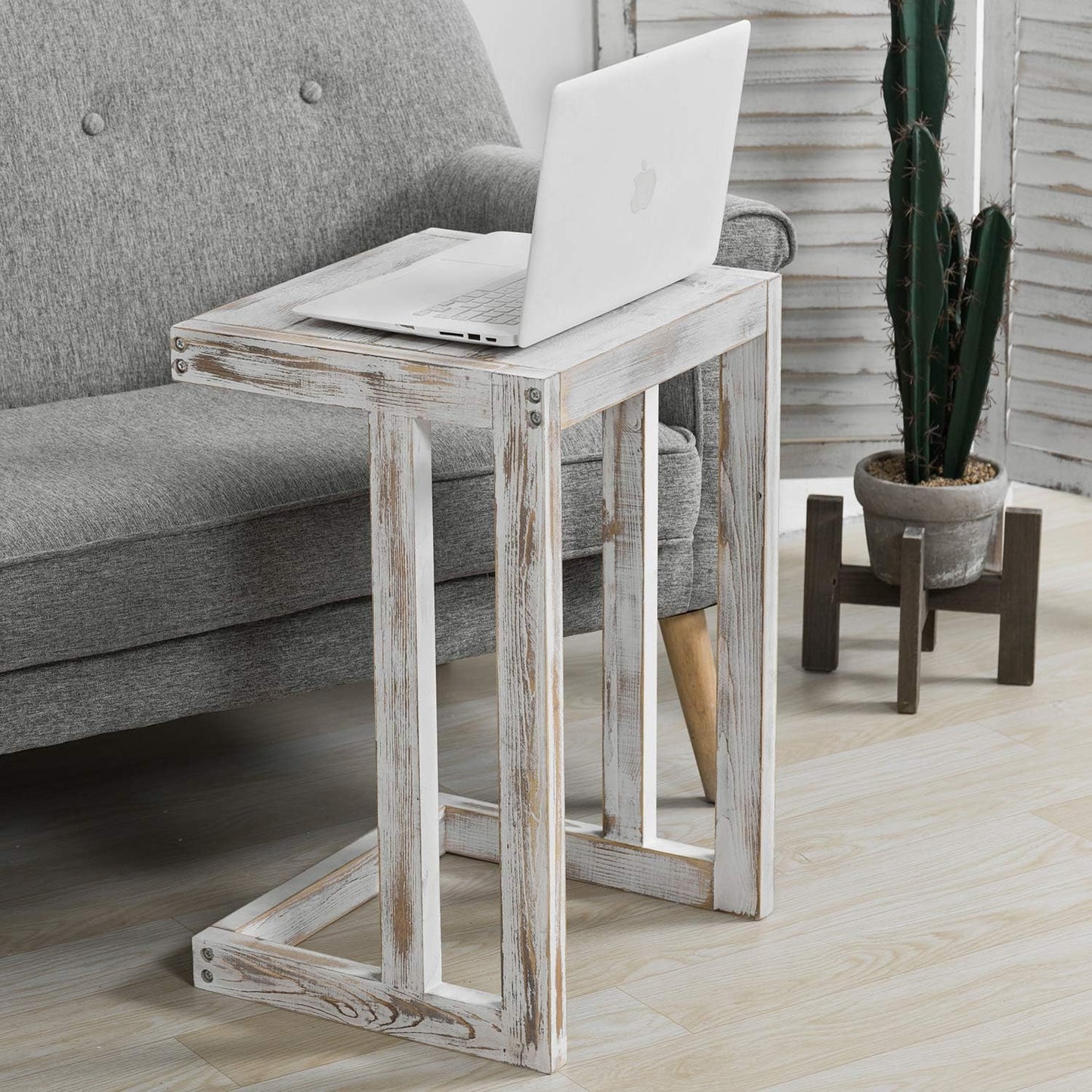 MyGift Shabby Whitewashed Wood C Shaped Side Table End Table, Under The Couch TV Table for Living Room