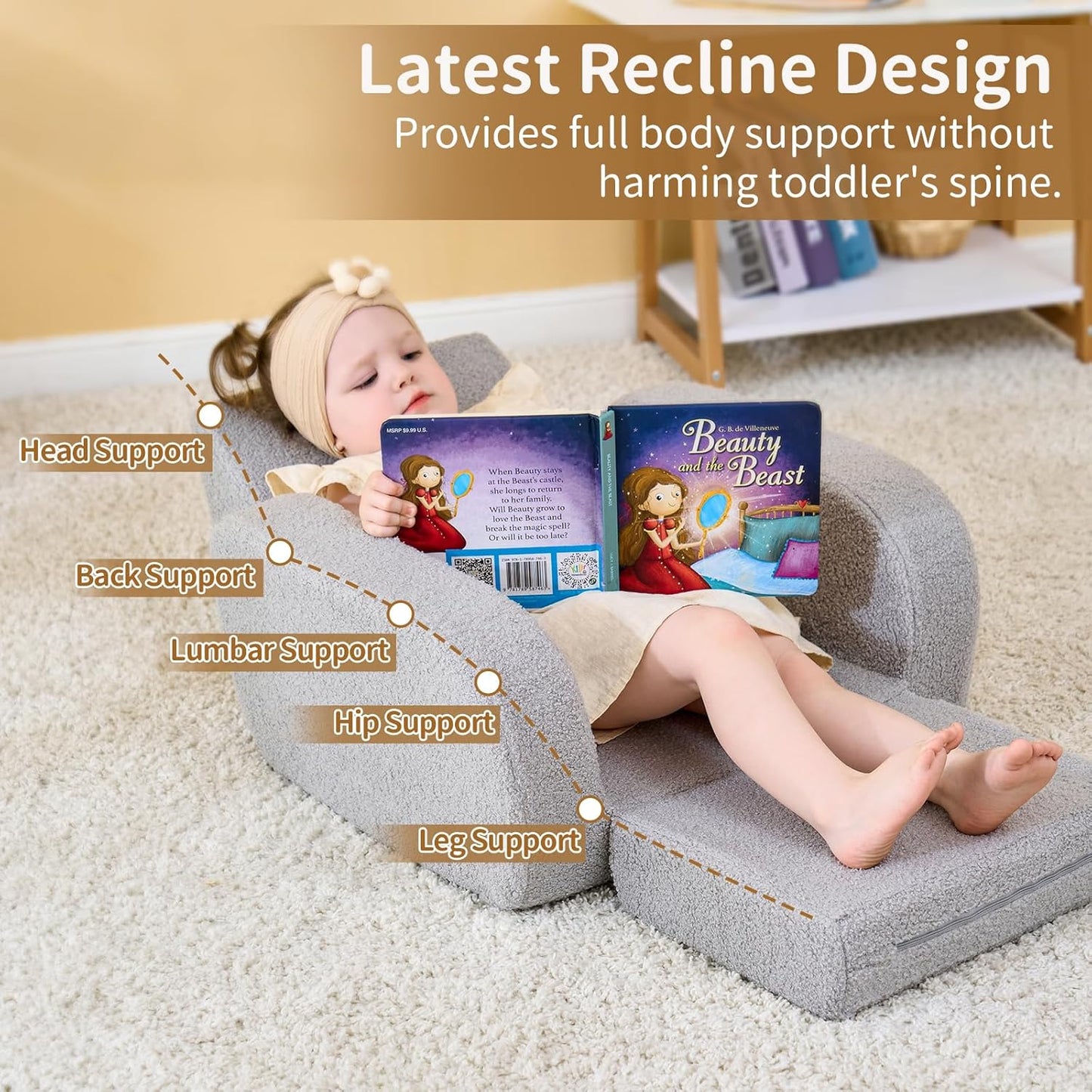 KidBloom 3-in-1 Toddler Couch, Toddler Chairs Comfy 1-3 Years Old, Kids Couch Bed Fold Out, Gifts for 1 2 Year Old Girls Boys
