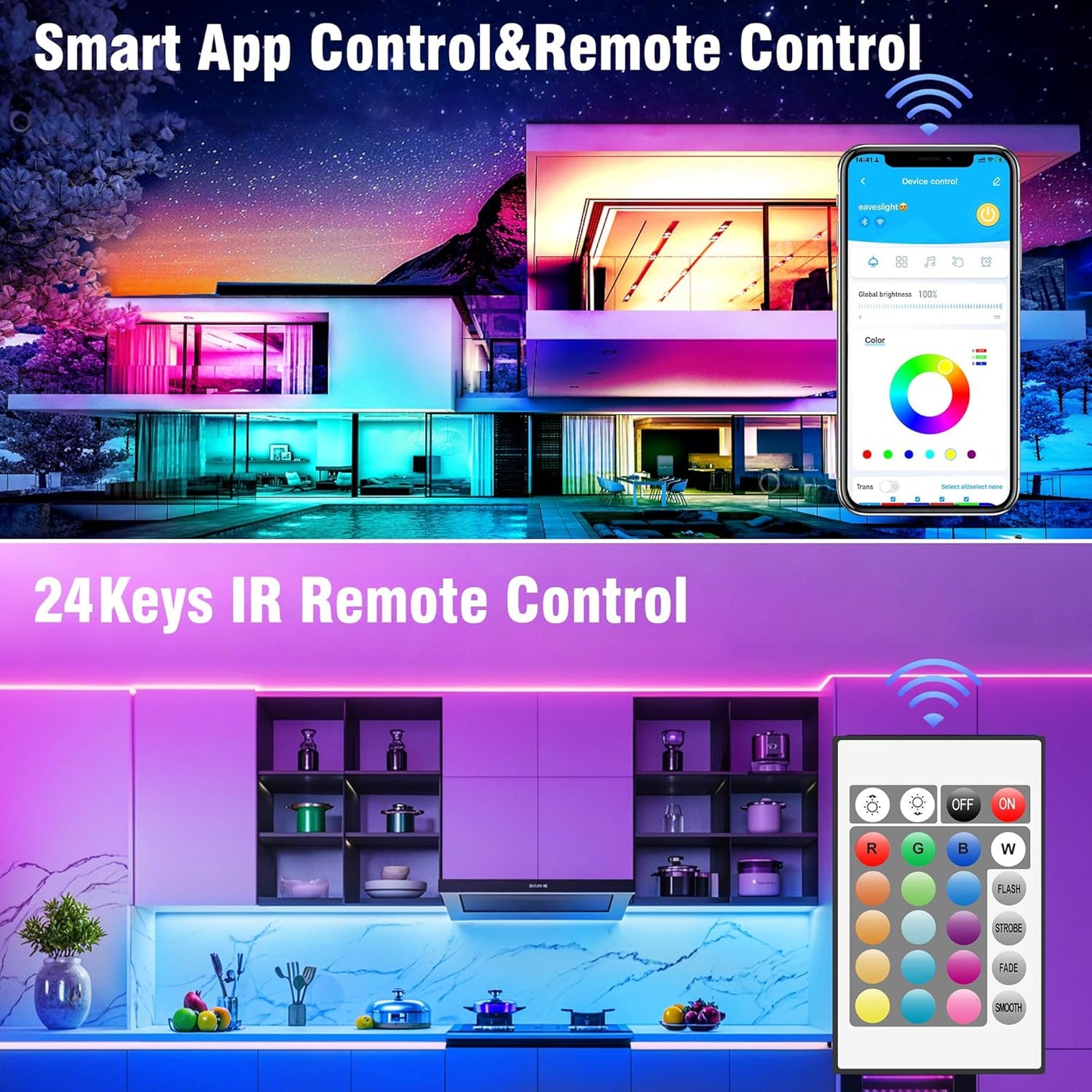 VOLIVO 100ft Led Strip Lights for Bedroom, Color Changing Led Light Strips Kit with Bluetooth App Control and IR Remote, RGB Music Sync Lighting for Room, Home Decor