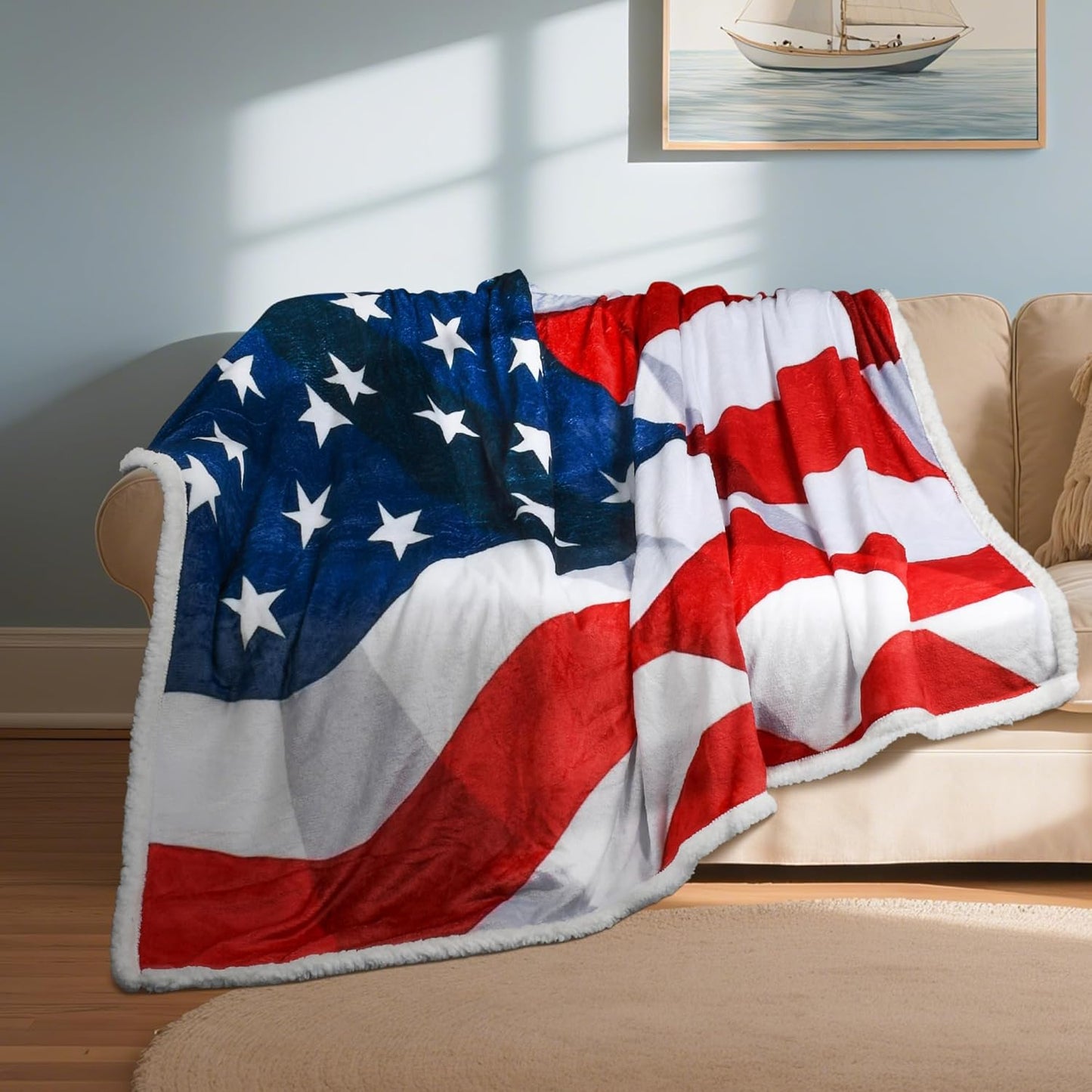 Tirrinia US Flag Patriotic Sherpa Throw American Flag Blanket, Cozy Sherpa Fleece Plush Bed Throw TV Blankets Reversible for Bed or Couch 4th of July Citizenship Election Veteran Gift