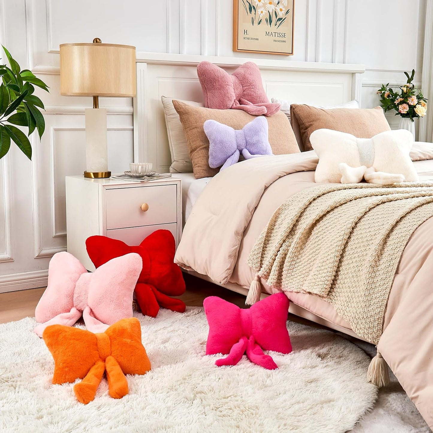 Ivory Bow Pillow, Soft Bow Decorative Pillows with Faux Rabbit Fur, Cute 12" Bow Throw Pillows, Aesthetic Home Decor Bow Shaped Plush Pillow for Bedroom Sofa Couch