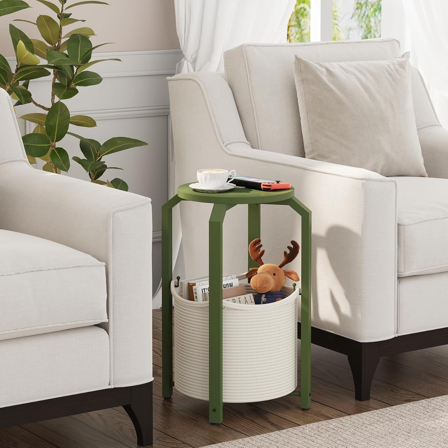 TUTOTAK Small Side Table, Round End Table, Night Stand, Bedside Table, Sofa Table with Storage Basket, Living Room, Bed Room, Olive Green TB01BOG092