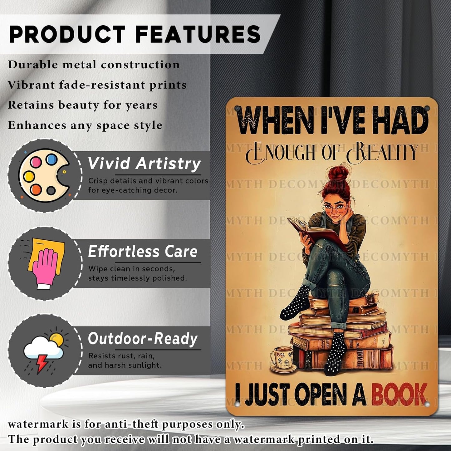 Woman Book Metal Tin Sign When I'Ve Had Enough Of Reality I Just Open A Book Vintage Tin Sign Library Study for Home Bar Pub Kitchen Garage Restaurant Wall Deocr 12 * 8inch
