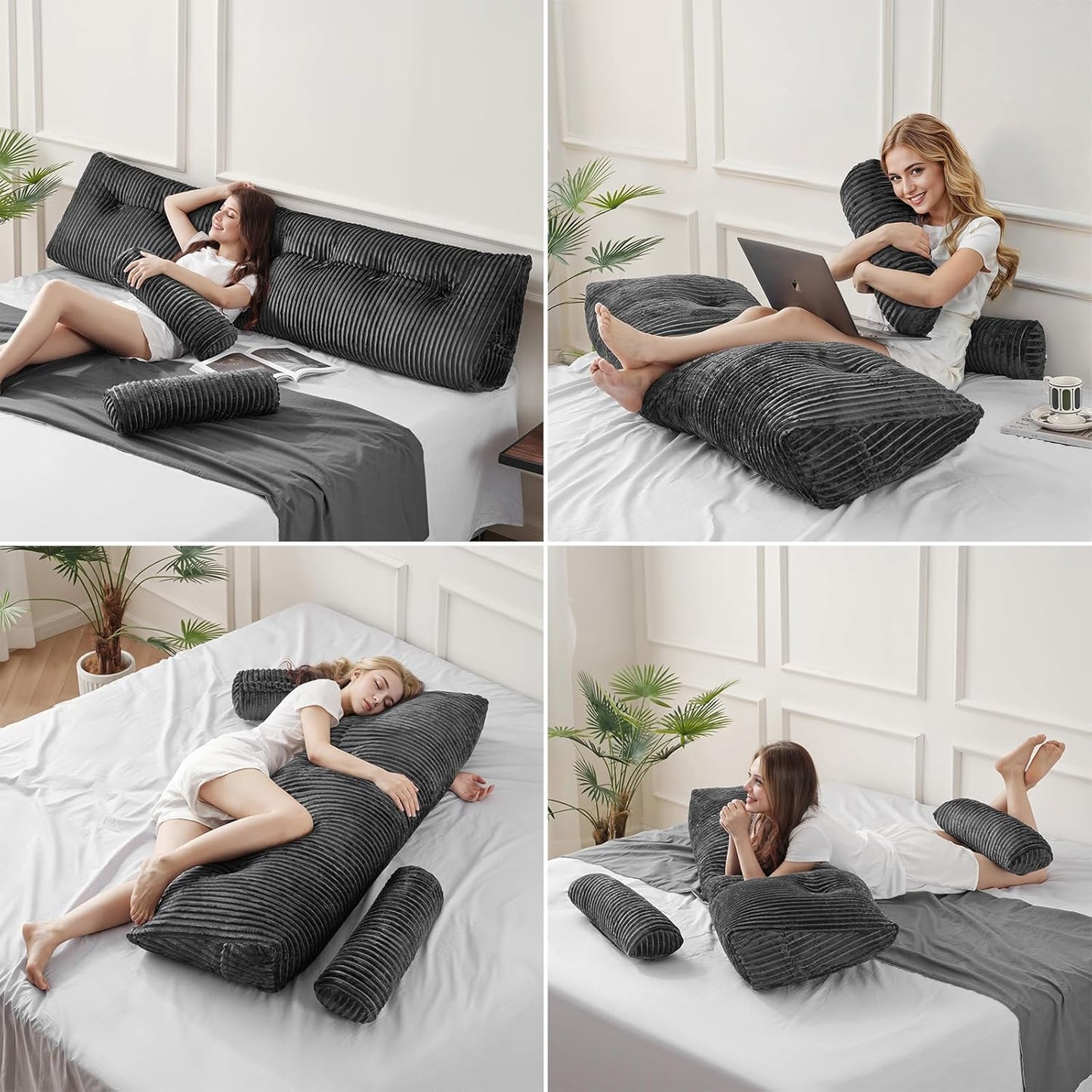 Wedge Headboard Backrest Pillow — Twin, Ultra Soft, Triangle with Roll Pillow, Grey
