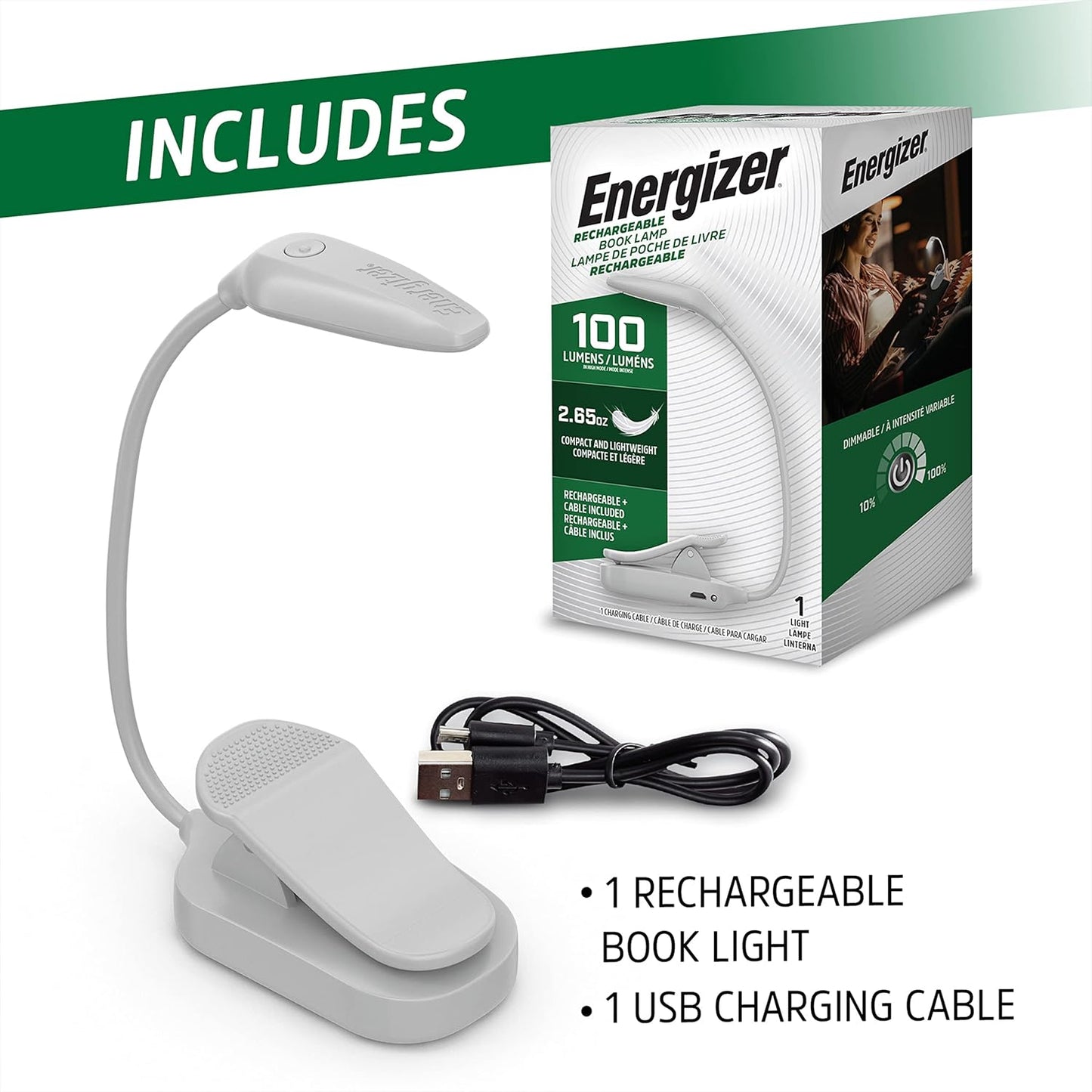 Energizer Rechargeable LED Book Light Flex, 3 Modes, Warm Light Clip On Reading Light with Flexible Neck for Reading in Bed, Book Reading Lamp (USB Included)