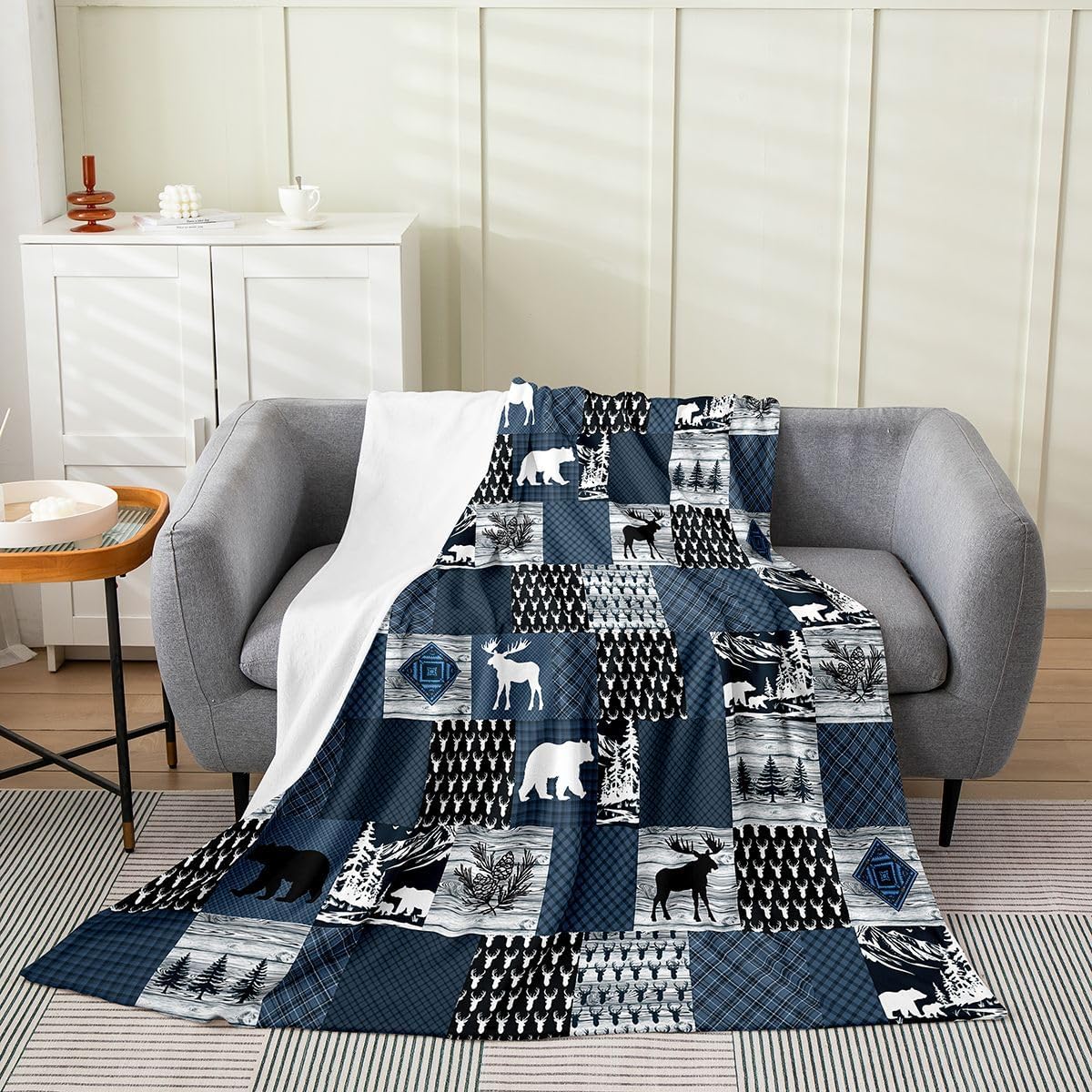 Feelyou Deer Bear Blue Plaid Fleece Throw Blanket Wild Western Animal Hunting Flannel Blanket Plush Fuzzy Rustic Cabin Farmhouse Patchwork Country Lodge for Bed Chair Twin 60"x80" Bedroom Decor