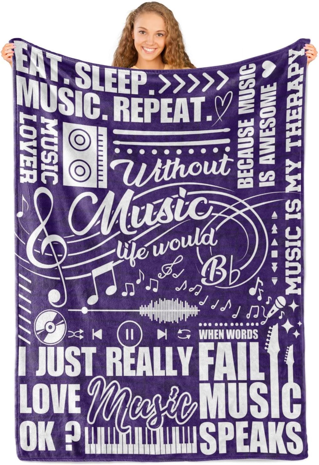 Music Gifts for Women Girls, Without Music Life Would Be Flat, Music Themed Blanket for Daughters, Coworkers, Music Teachers, Flannel Throw Blanket 50x65 Inches for Adults Teens, Purple