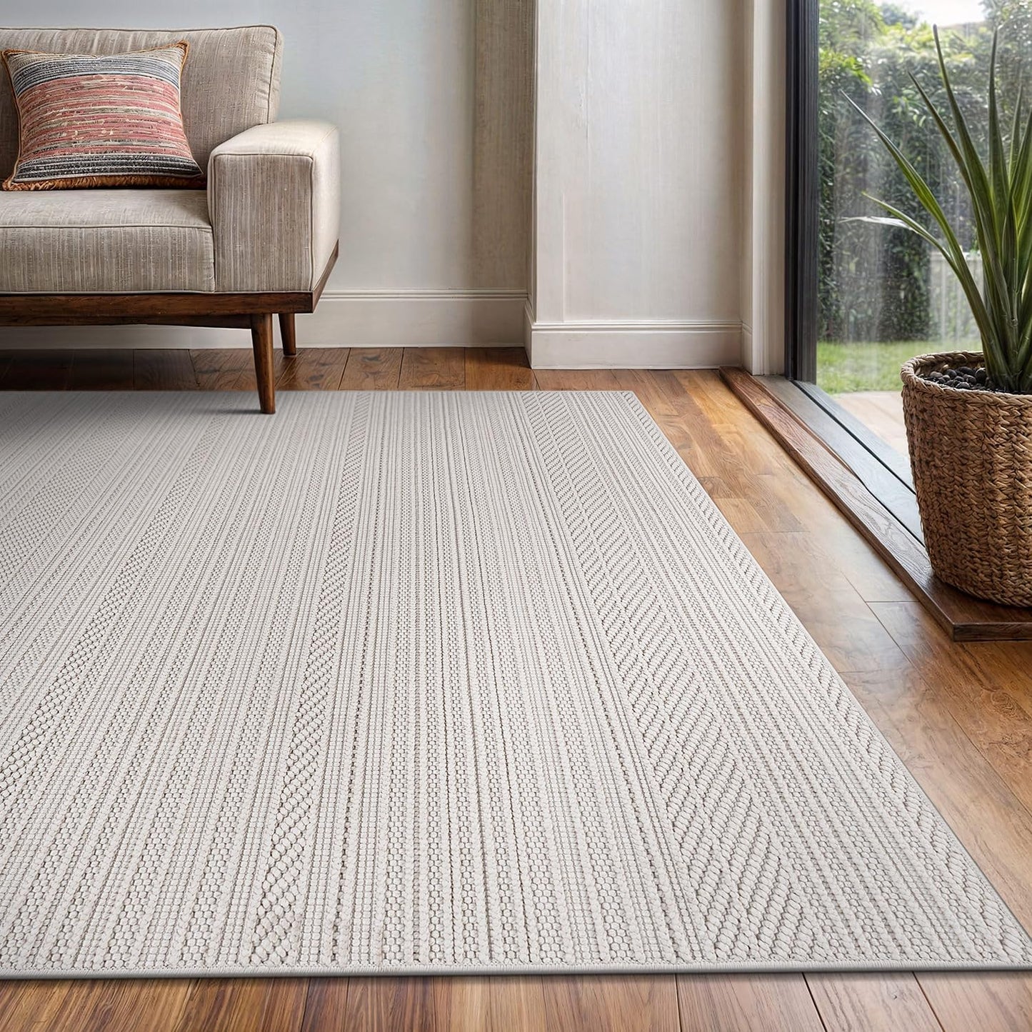 Indoor Area Rug 8x10 White Polyester Indoor Rugs Stripe Soft Loop Easy Clean Carpet for Living Room Bedroom Dining Room Hallway Office Entryway (8 X 10 White)