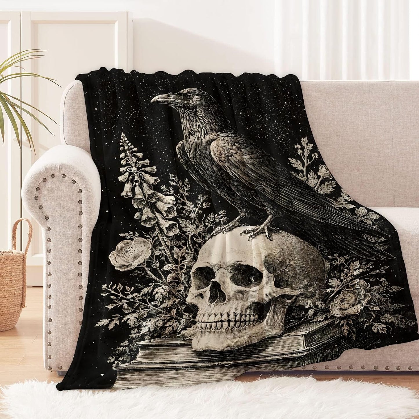 Raven Skull Blanket for Gothic and Dark Nature Lovers, Vintage Skeleton Book Flannel Blankets, Goth Art Gifts, Soft Warm Cozy Throws for Sofa Couch Bed Living Room Bedroom Home Decor 60" x 50"