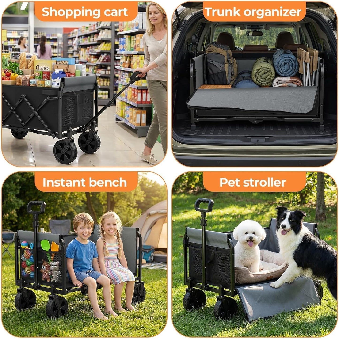3-in-1 Portable Collapsible Wagon, Foldable Cart with Removable Side, Utility Groceries Wagon Cart for Dogs Pets Shopping Camping Beach Sports Gardeing Fishing, Black