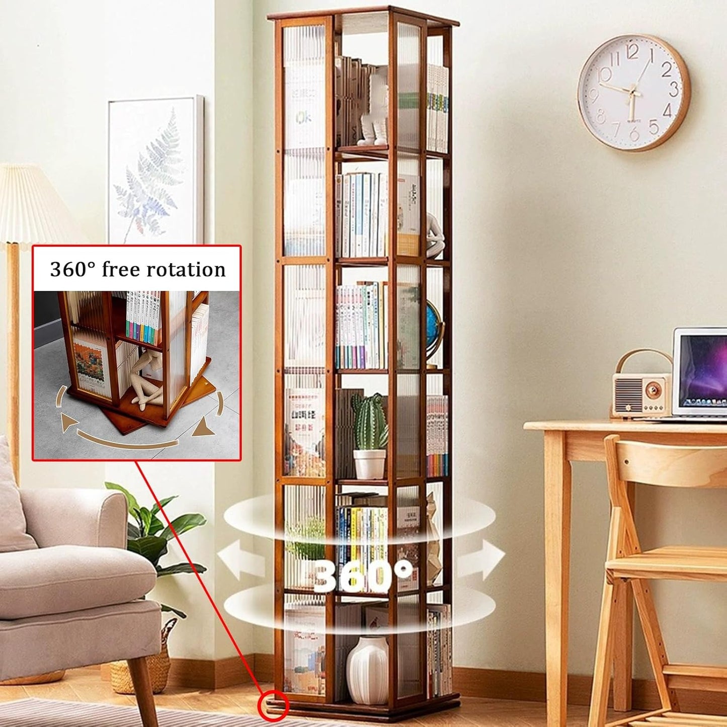 YVYKFZD Rotating Bookshelf Tower, 360° Revolving Bookcase, Bamboo Narrow Display Storage Rack, Floor Standing Corner Book Shelf Organizer, for Small Space, Home/Office/Study(Wood,5 Tier 14.5x14.5x59.4