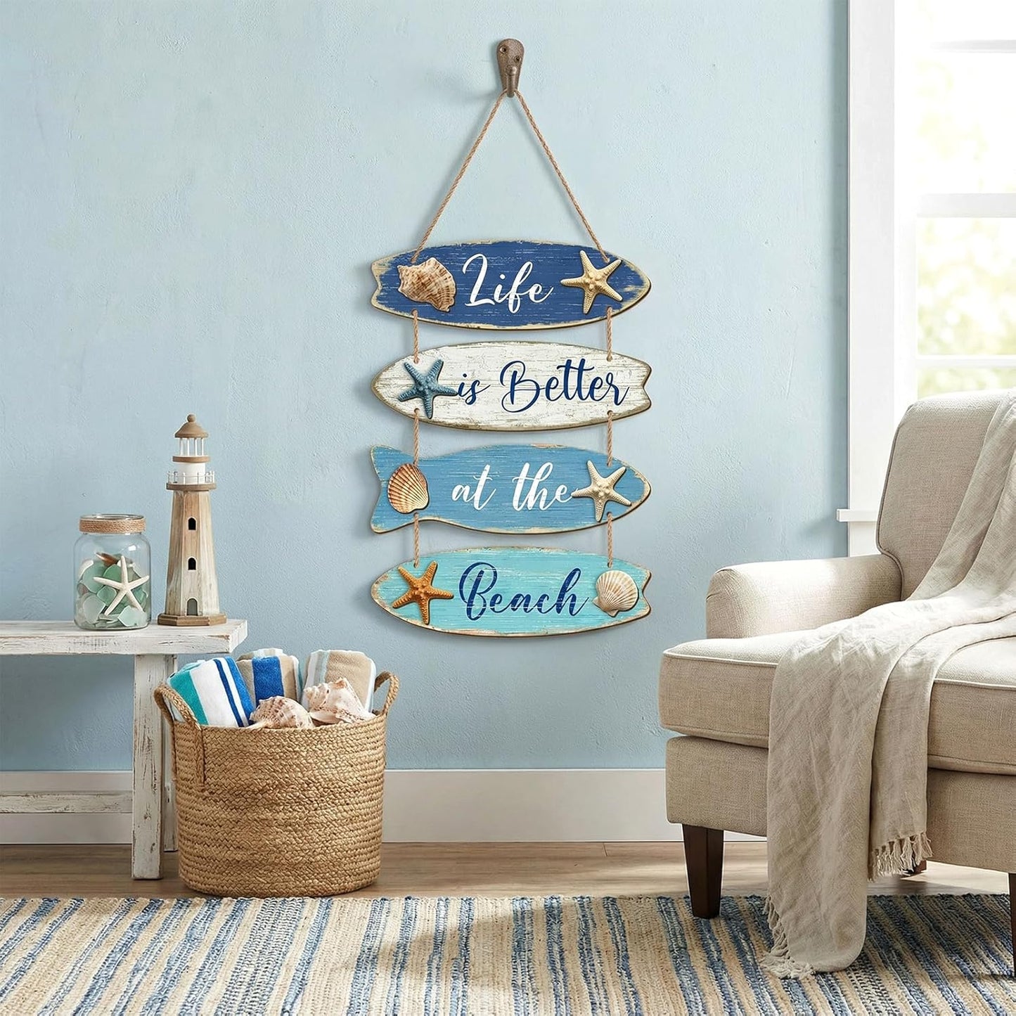 Summer Beach Wooden Wall Decor Farmhouse Coastal Bathroom Wall Art Room Decor Blue Nautical Wooden Hanging Sign Decorations for Bedroom Bathroom Office Home Signs Living Room Door Decorations