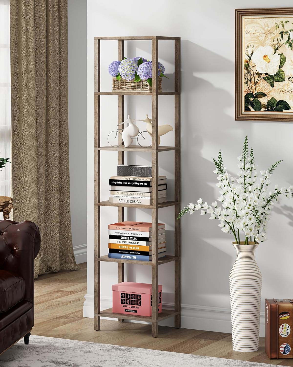 TUTOTAK Bookshelf, 6-Tier Tall Book Shelf, Narrow Bookcase for Small Space, DIY Stackable Bookshelf, for Living Room, Office, Study, Entryway, Industrial, Pure Greige BS01BG006G