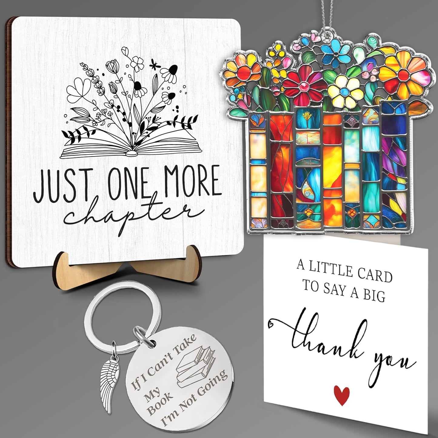 Just One More Chapter Book Lovers Gifts Set – Reading Accessories Gifts for Women, Teacher, Reader Librarian, Book Club – Book Ornament, Wooden Sign, Keychain & Card - Birthday Present Bookworms FF772