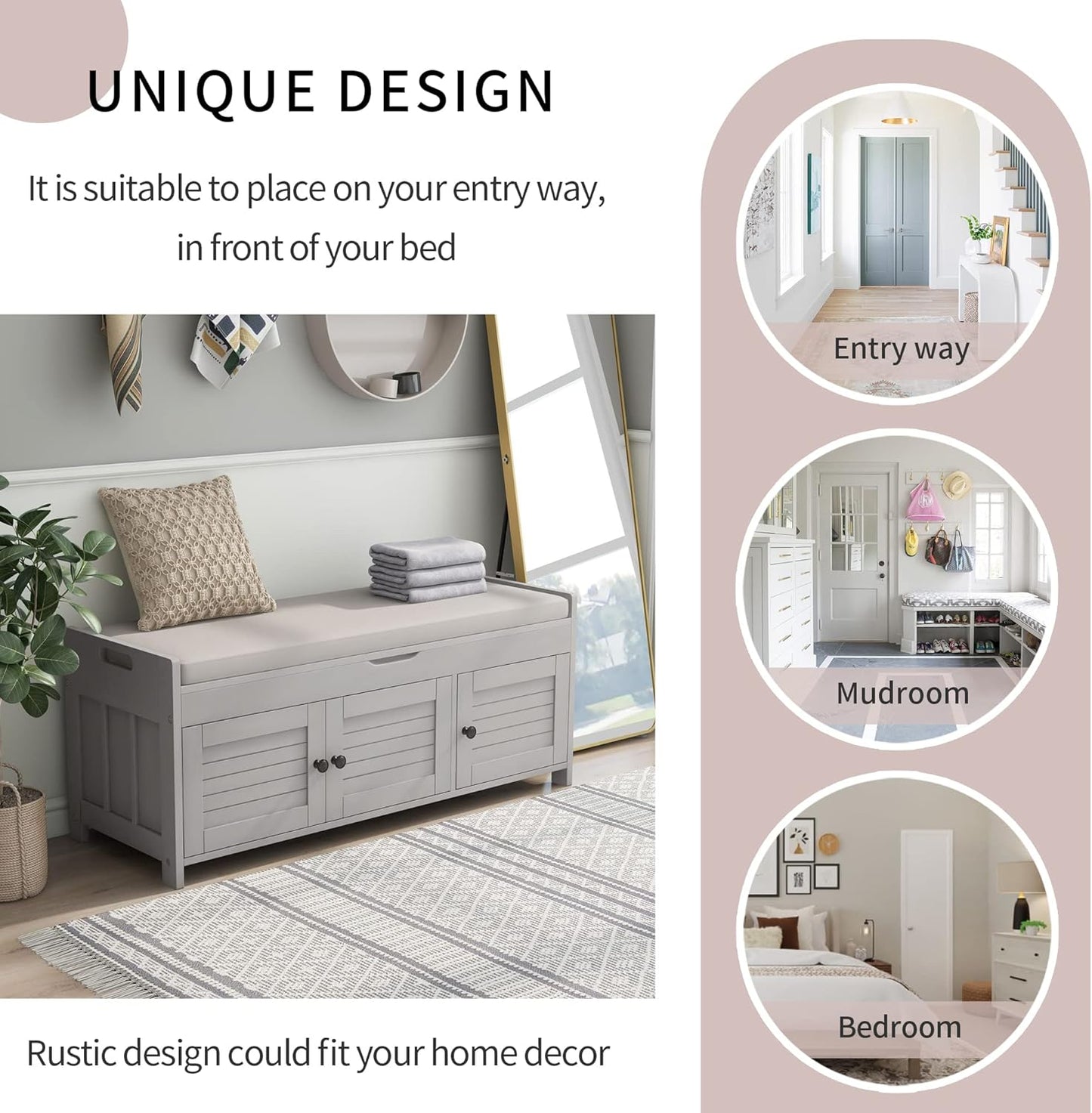 Wood Storage Bench 3 Shutter-Shaped Doors,Multifunction Shoebox,W/ 2 Size and Removable Cushion & Hidden Savings Space,for Entryway,Bedroom,Living Room,Gray Wash