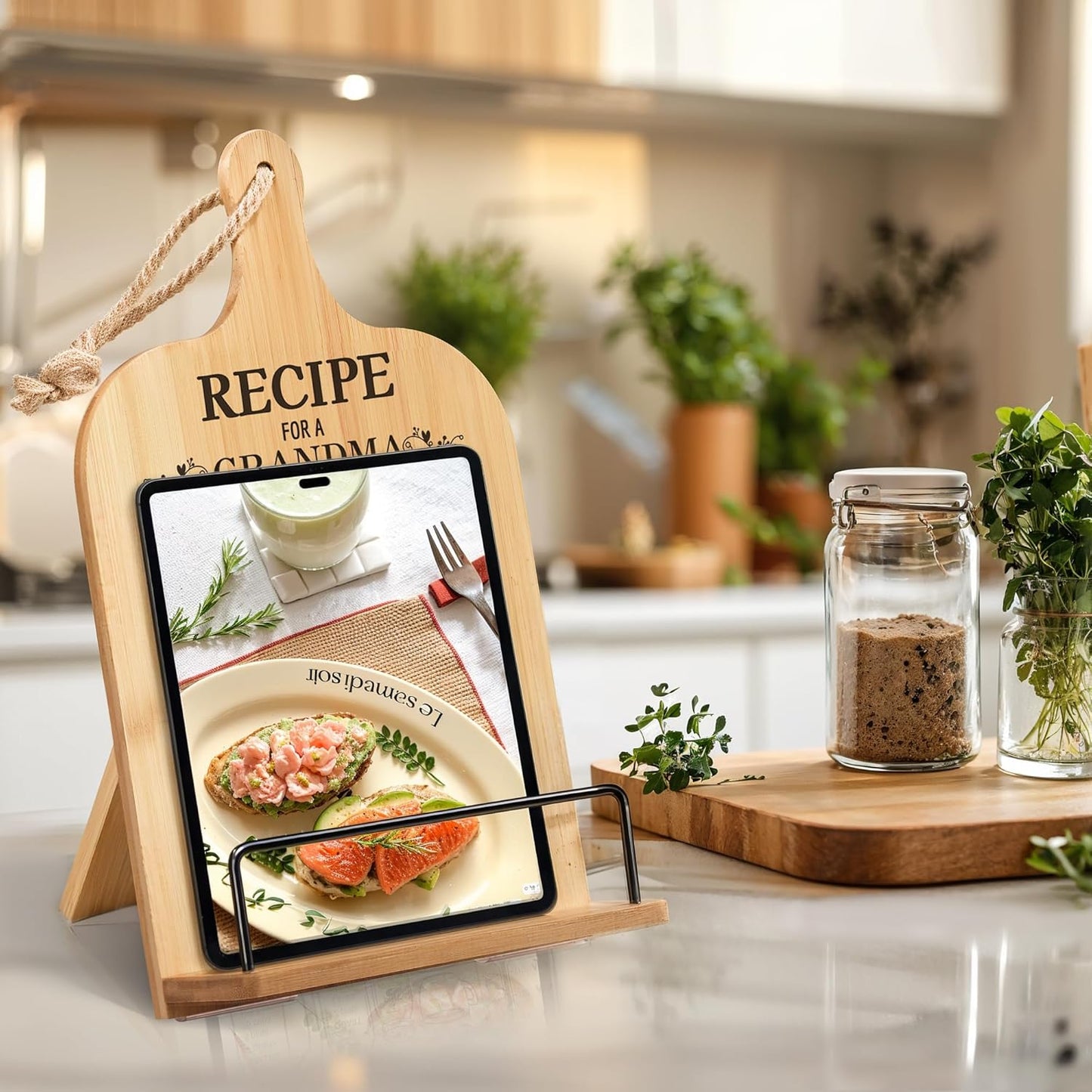 Christmas Gifts for Grandma Retirement Gifts Cookbook Stand Bamboo Recipe Book Holder Kitchen Gifts for Women Adjustable Non-Slip Cook Book Stand for Kitchen Counter