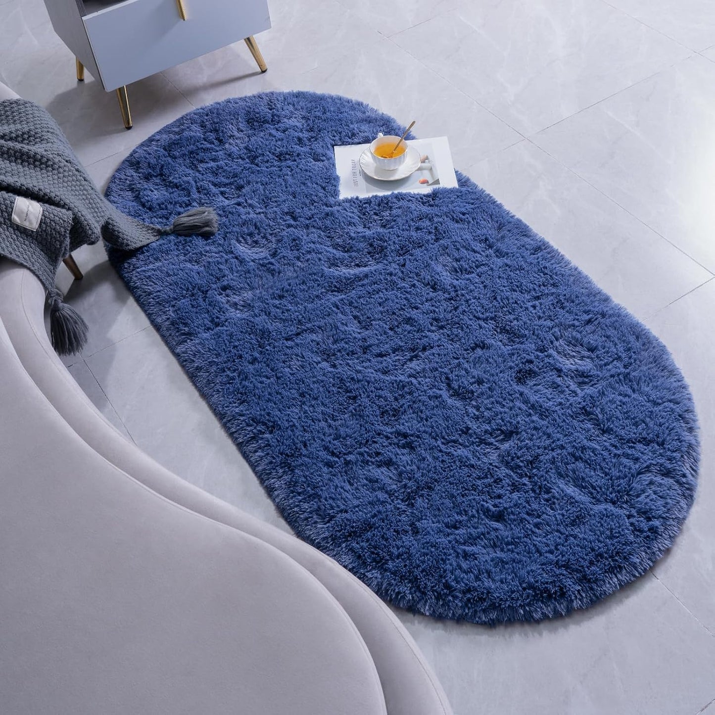 Fluffy Bedroom Rug, Small Oval Area Rugs, Light Navy Shag Bedside Carpet for Kids Room Nursery Dorm Cute Fuzzy Indoor Decor for Boy and Girl, 2.6 x 5.3 Feet