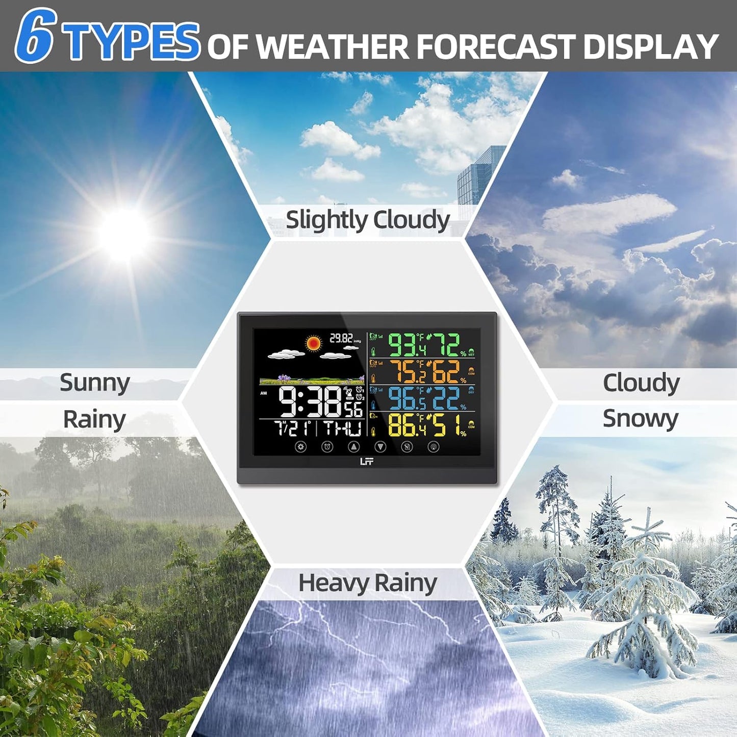LFF Weather Station, Indoor Outdoor Weather Station Wireless with Multiple Sensors, Color Display Digital Atomic Clock Indoor Outdoor Thermometer Wireless, Forecast Station with Adjustable Backlight