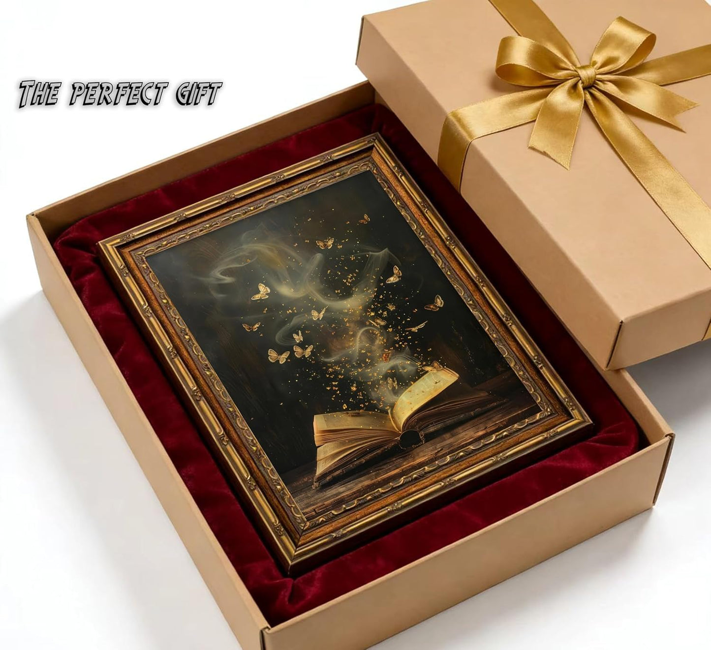 Vintage Gold Framed Victorian Bookish Wall Art Dark Academia Library Fantasy Mystical Canvas Print Reading Nook Butterfly Aesthetic Picture Wall Decor Gothic Bookclub Poster Artwork for Library