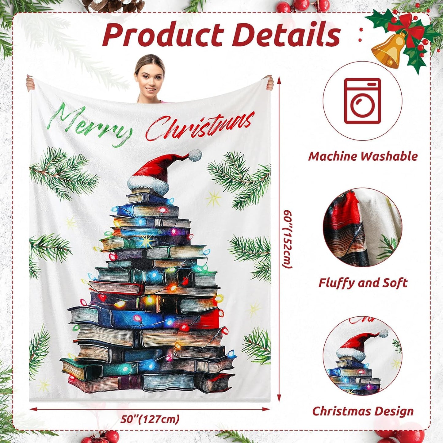Lounsweer 2 Pcs Christmas Book Lovers Gifts 60" x 50" Reading Throw Blanket for Women Book Tree Flannel Blanket Xmas Winter Party Presents for Men Readers Bookworm Librarian Birthday Graduation