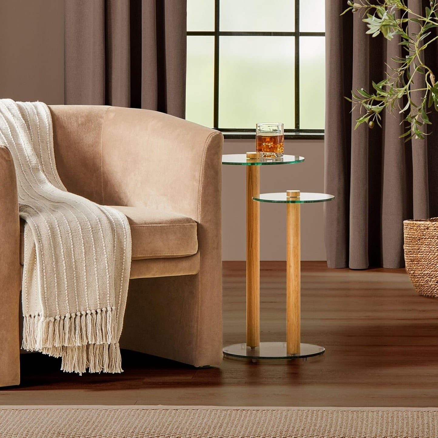 mDesign Glass Top Side/End Duo Drink Table - 2-Tier Modern Round Accent Wood Nightstand Furniture for Living Room, Dorm, Home Office, and Bedroom - 12" Round - Clear/Natural