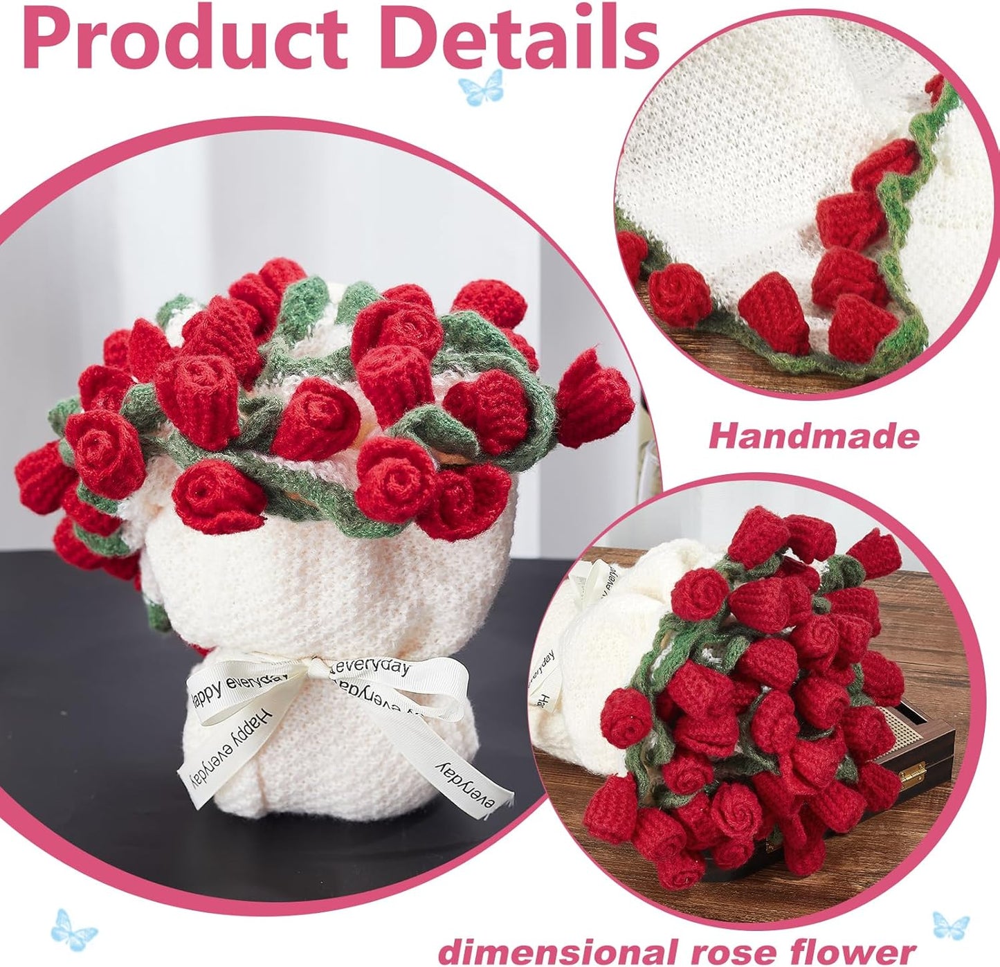 AHANDMAKER 1Pc Handmade Roses Flower Bouquet Blanket Red Roses Knitted Throw 29.9in Round Blanket for Valentine's Day Home Decor Christmas Wedding for Mom Women