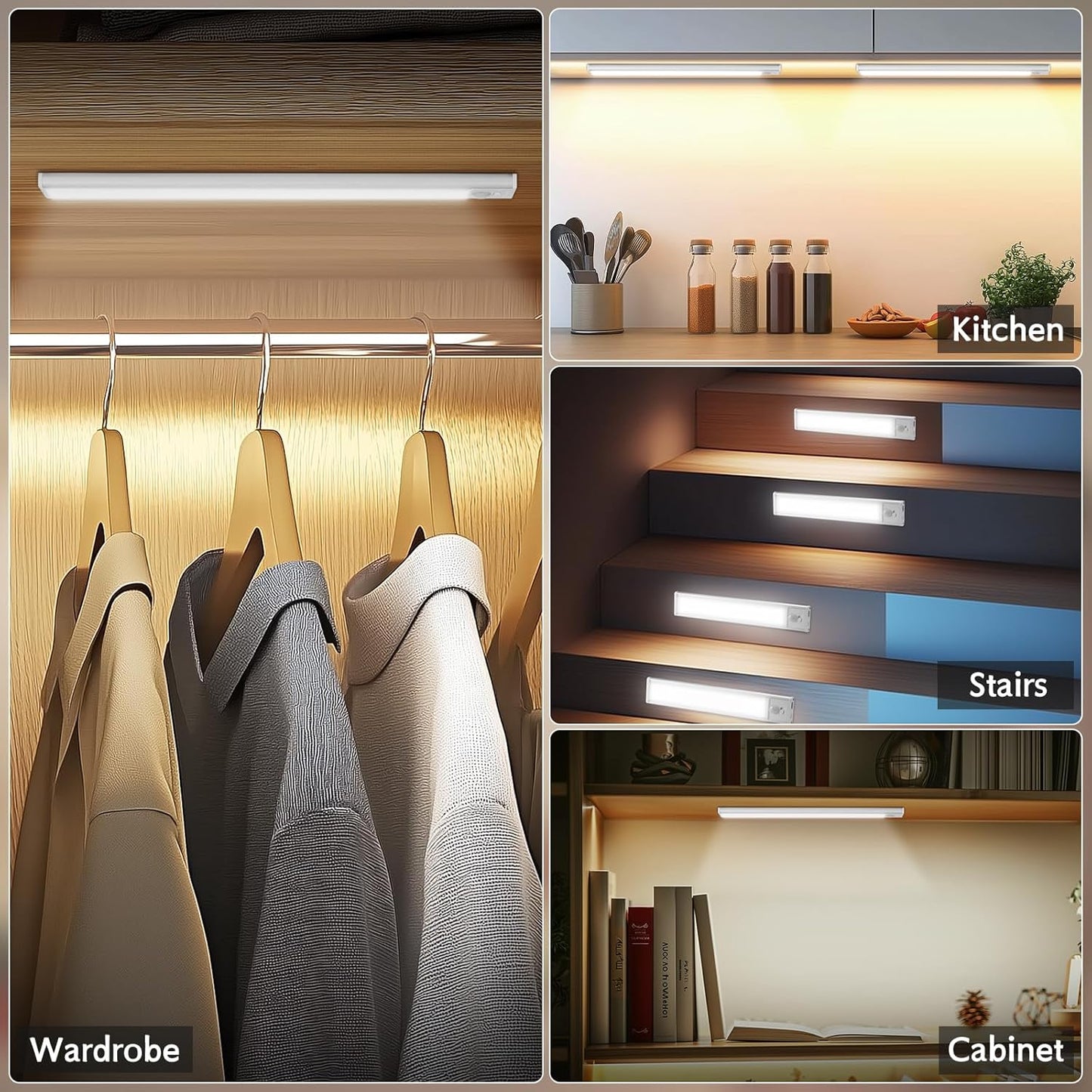 Under Cabinet Lighting Wireless, 4Pack Motion Sensor Light Indoor with 3 Color Temps, Dimmable Closet Lights Battery Operated, LED Magnetic Light, Rechargeable Under Counter Lights for Kitchen Stairs
