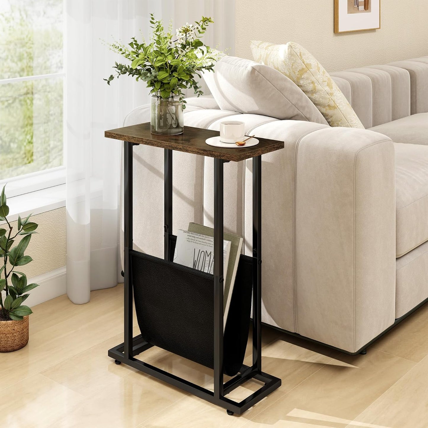 Narrow Side Table for Small Place,Metal Table with PU Leather Bag,Slim Nightstand for Reading Or Storage,Sofa Side Table for Living Room,Bedroom,Brown