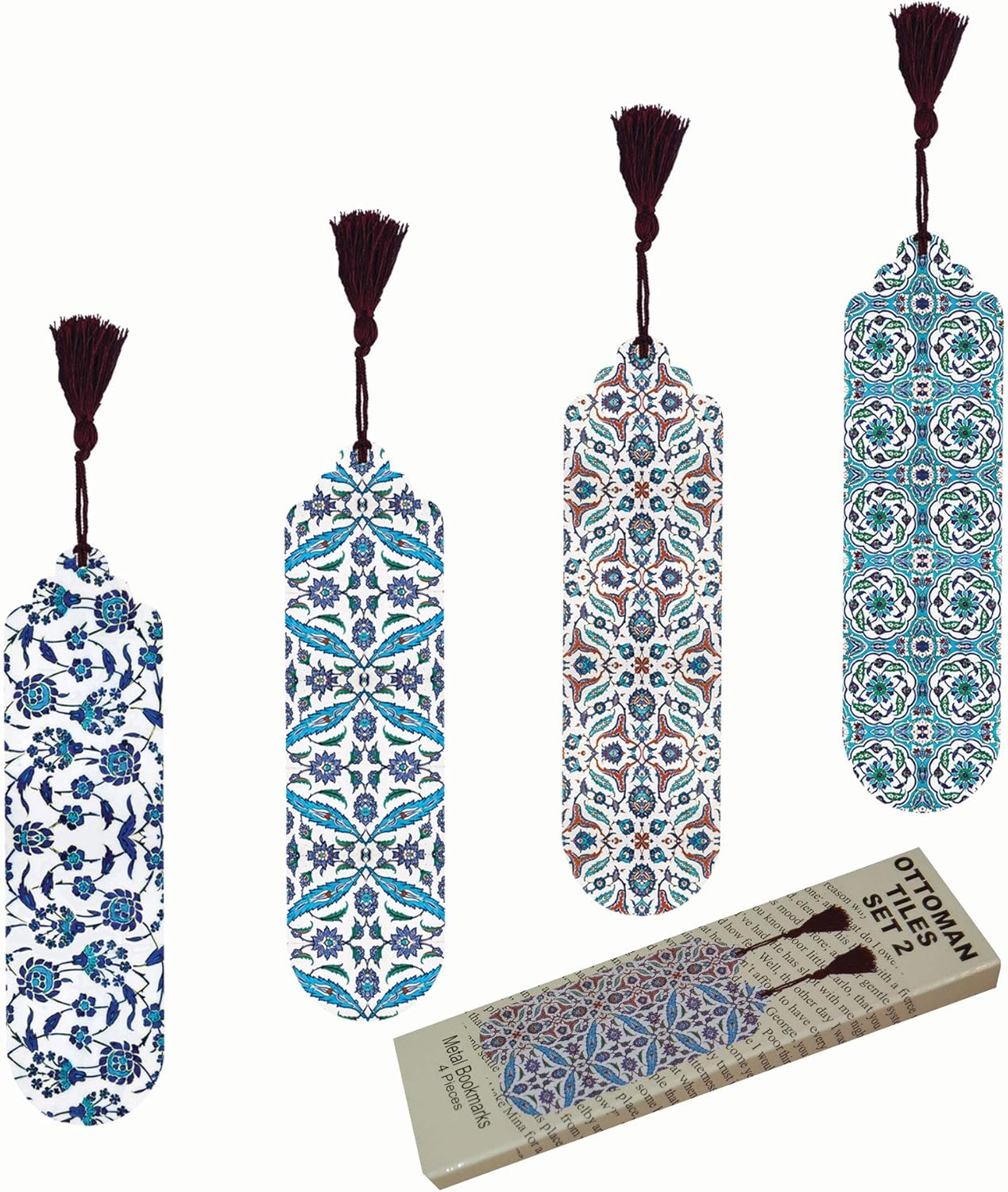 Pictor Gift Ottoman Tiles Set Decorative 4 Piece Bookmark Set, Ramadan, Eid Mubarak, Islamic Metal Pressed with Suede Back… (Ottoman Tiles Set 2)