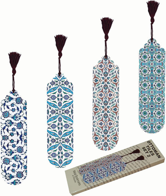 Pictor Gift Ottoman Tiles Set Decorative 4 Piece Bookmark Set, Ramadan, Eid Mubarak, Islamic Metal Pressed with Suede Back… (Ottoman Tiles Set 2)