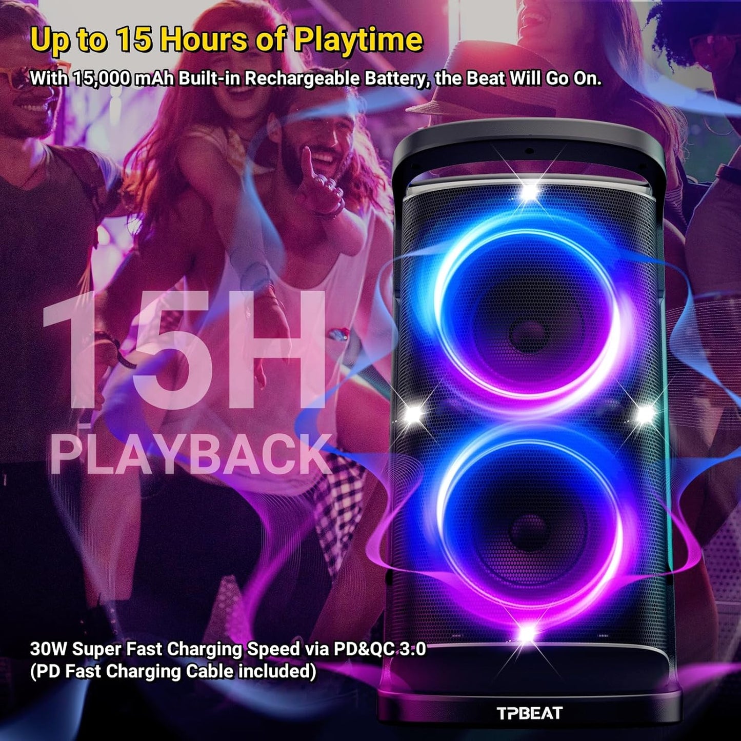 Portable Bluetooth Speaker: 160W Peak Powerful Loud Sound Deep Bass Wireless Boombox Large Subwoofer 15 Hours Battery Life Fast Charging with Led Light Show for Party Outdoor Camping Backyard