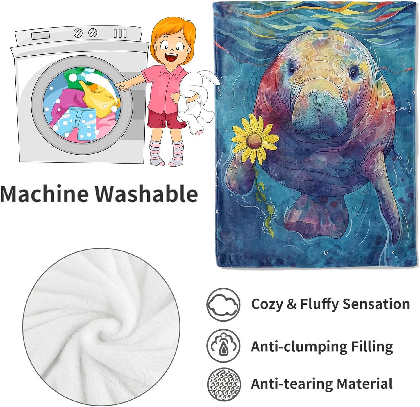 Manatee Blanket Playful Ocean Animal Throw Blankets with Sunflower,Birthday Gifts for Kids Adult,Lightweight Soft Fleece,for Sofa Couch Bed Room Art Artistic Whimsical Decor 50x60in