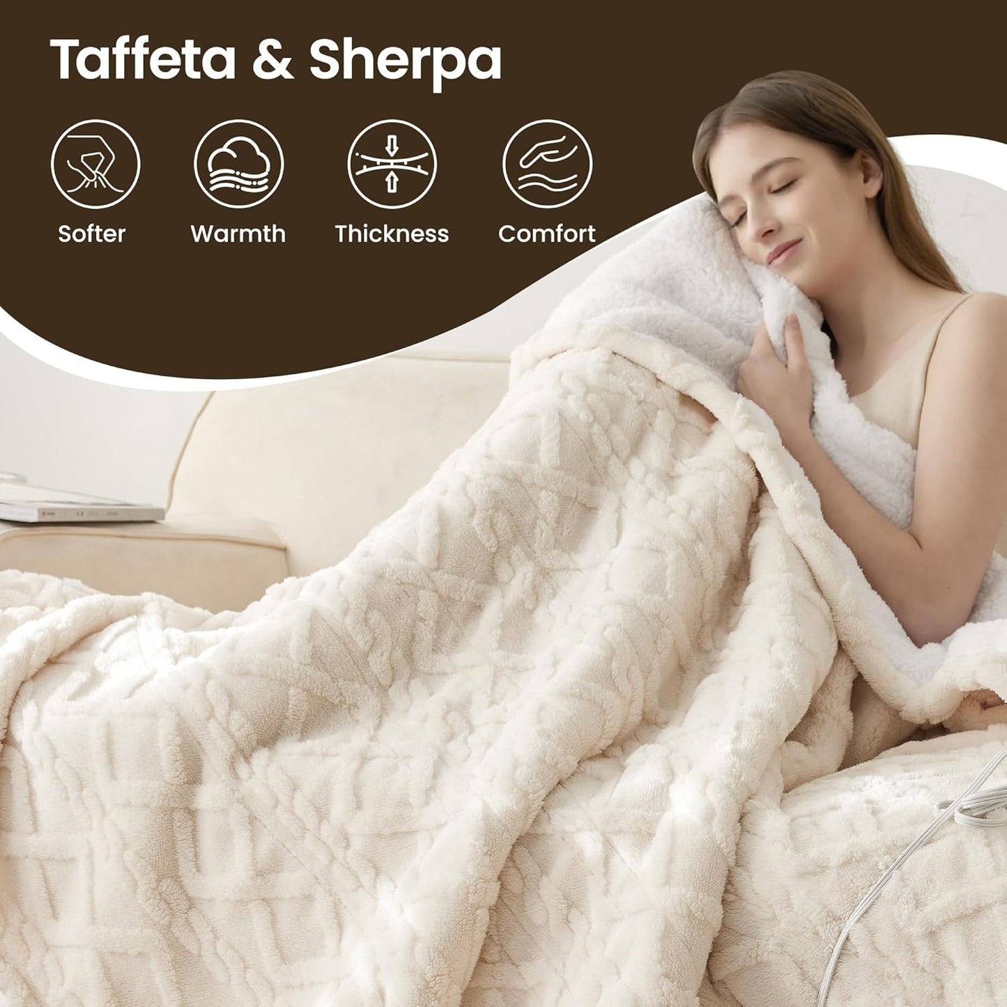Heated Blanket Electric Blanket 50"x60", Soft Taffeta Sherpa Electric Throw with 5 Heating Level & 1-12 Hour Auto Off, Heated Throw with Overheating Protection, Machine Washable (Beige)