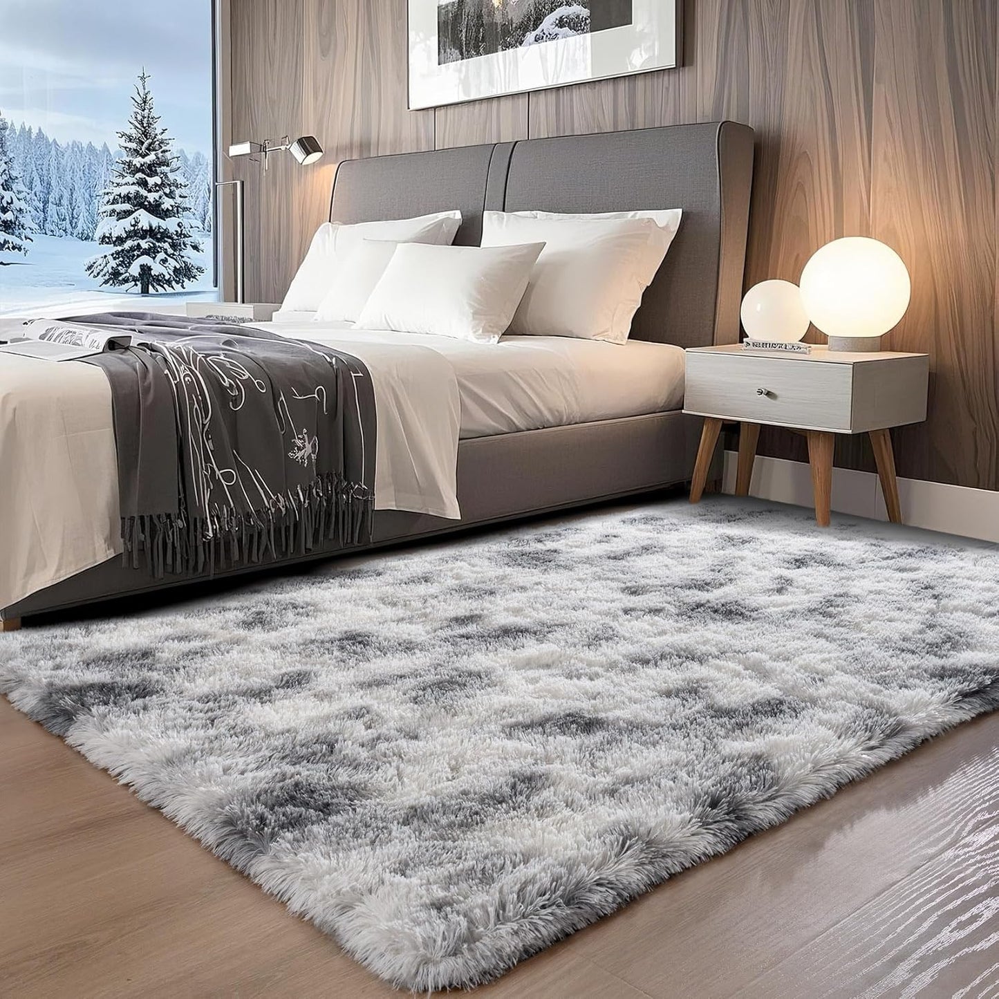 8x10 Tie-Dyed White & Grey Machine Washable Large Area Rugs for Living Room, Bedroom, Fluffy Shag Fuzzy Plush Soft Carpets, Fluffy Rugs for Kids,Nursery, Decor Aesthetic