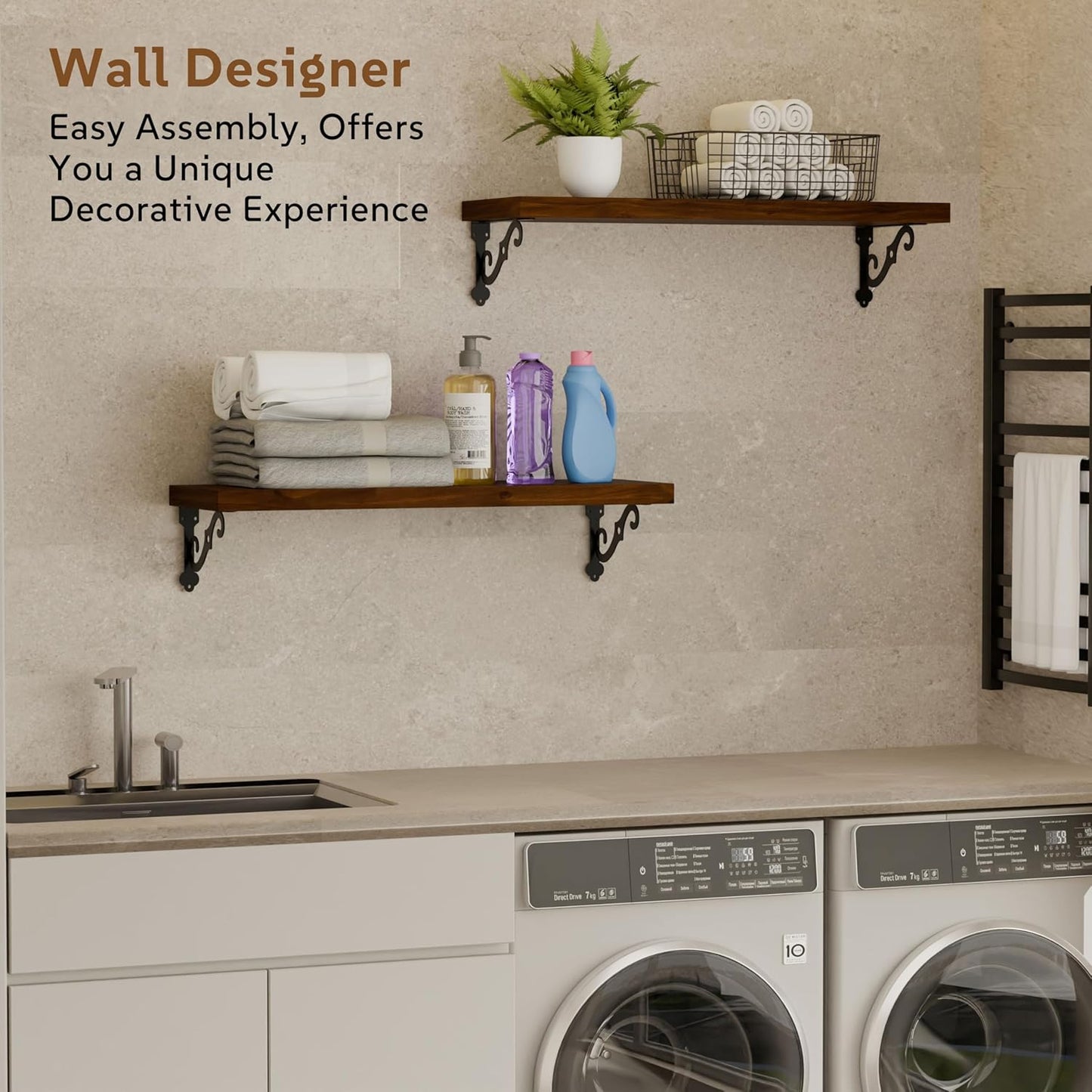 Solid Wood Floating Shelves for Wall with Metal Brackets,2 Tier 24 inch Pinewood Wall Shelf,Suitable for Multiple Places Such As Bedrooms,Kitchens,and Living Rooms(Walnut Finish)