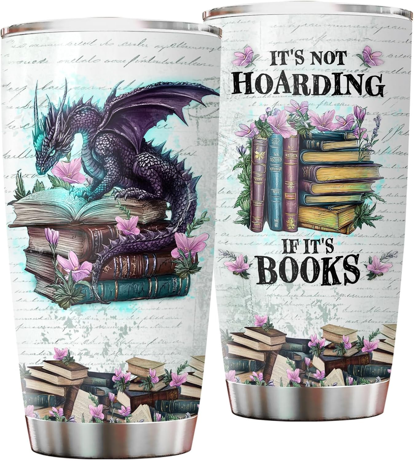 Bookish Dragon Tumbler – It’s Not Hoarding If It’s Books, Fantasy Inspired Stainless Steel Travel Mug with Lid, Bookworm Gift for Men and Women