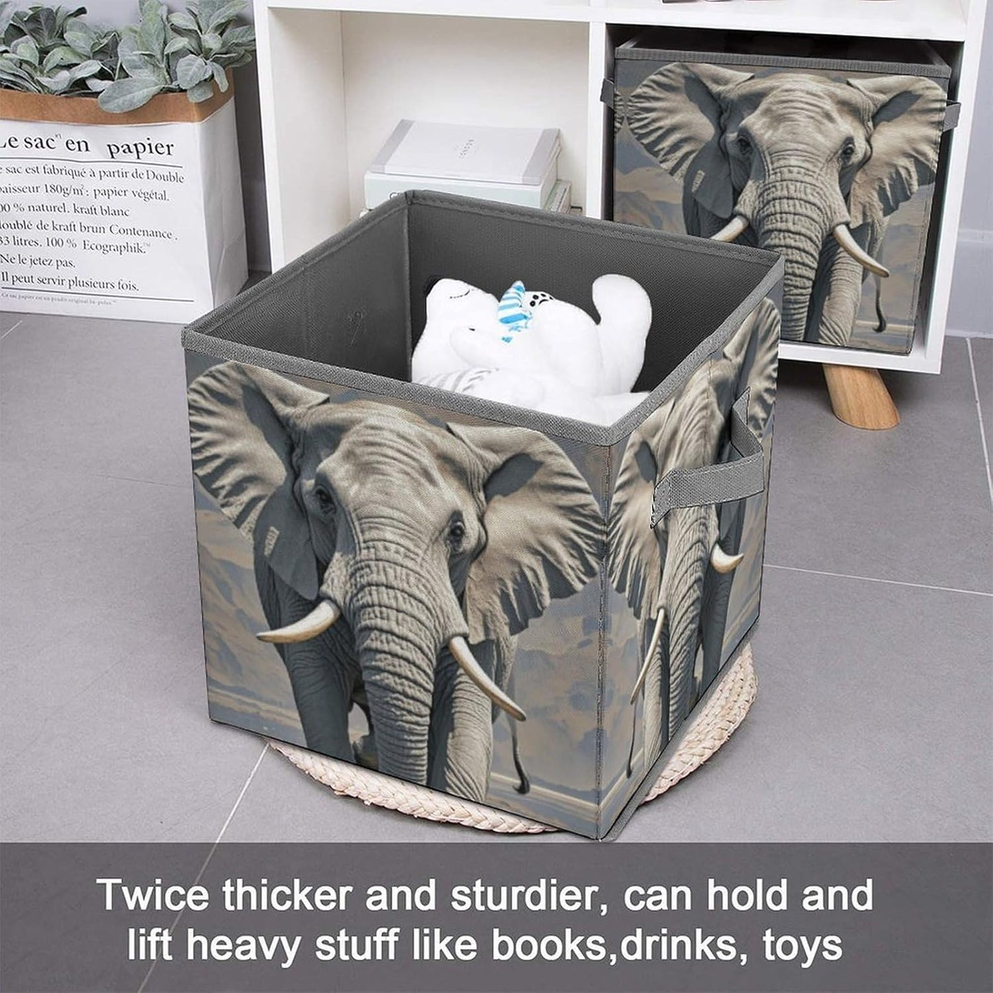 Elephant Pattern Storage Bins with Handles Fashion Large Storage Cubes Sturdy Foldable Storage Boxes Space-Saving Storage Baskets for Home Office Clothes Closet Organizers