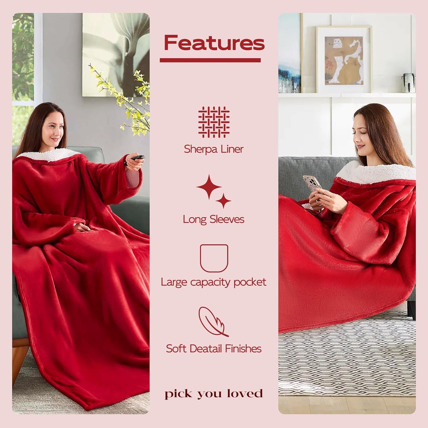 Wearable Blanket with Sleeves, Cozy Wearable Blanket with Arms and Pockets for Women Men, Warm TV Wrap Throw Blanket Robe as Gifts for Mom Wife, Wine