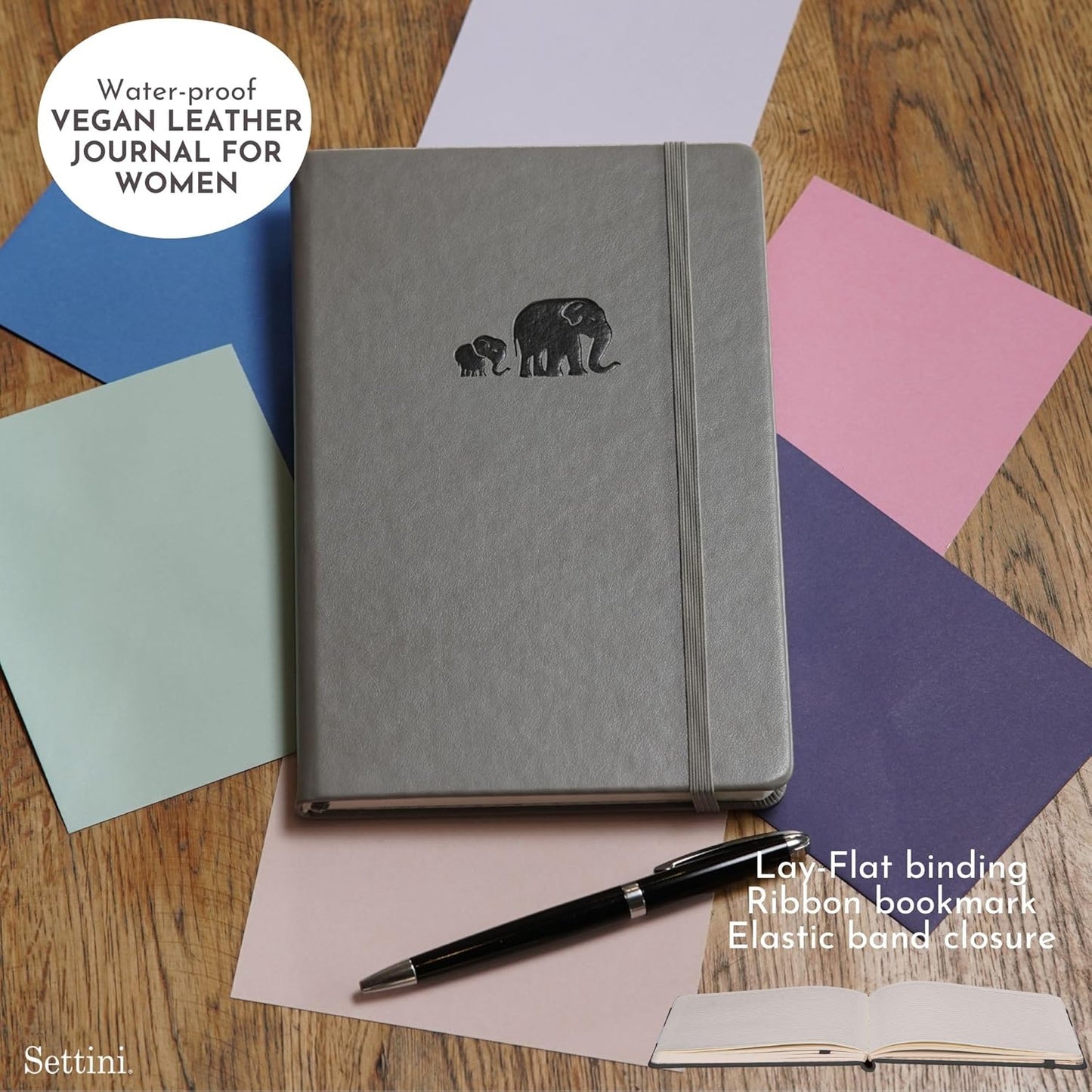 SETTINI Dotted Journal, Ideal for Bullet Journaling - A5 Vegan Leather Notebook, 192 Archival-Quality Pages, QuillEase Bleed-Free Paper, Inner Pocket & Bookmark - Elephant Gifts, Grey Elephants