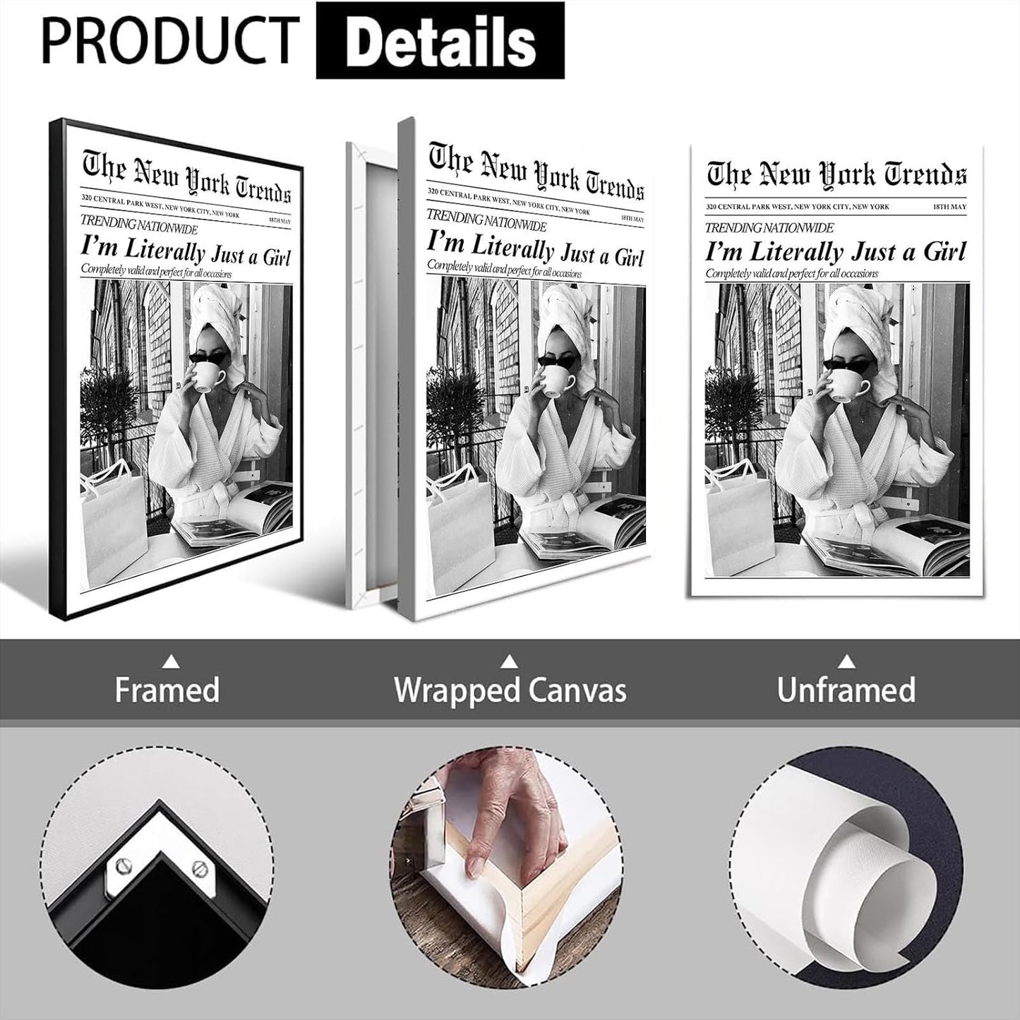 Vintage Black White Newspaper Wall Art I'M Literally Just A Girl Poster Feminist Shopping Girl Canvas Print Wall Decor For Dorm Room Bedroom Bathroom 12X18 in Unframed
