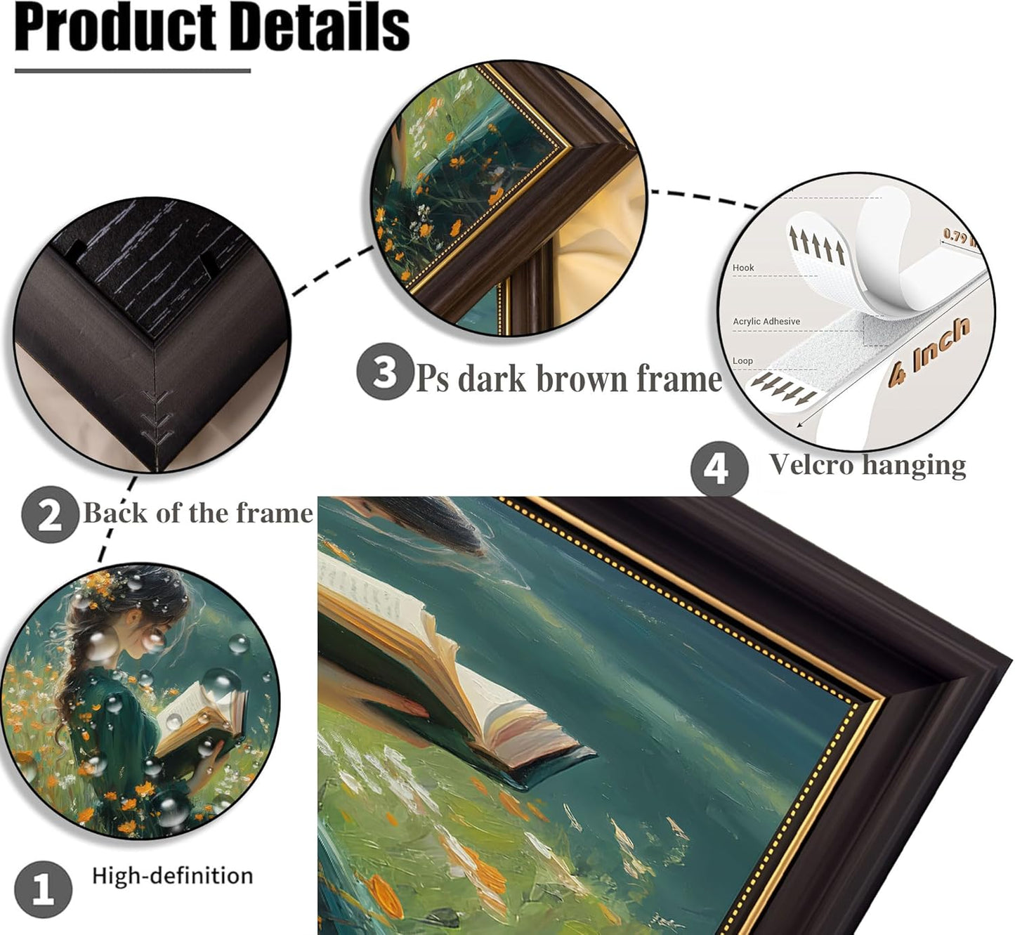 Vintage Dark Brown Framed Girl Books Canvas Wall Art Inspirational Kids Educational Wall Decor Picture Girl Reading On The Grass Poster Print for Children'S Room Living Room Bedroom Home Decoration