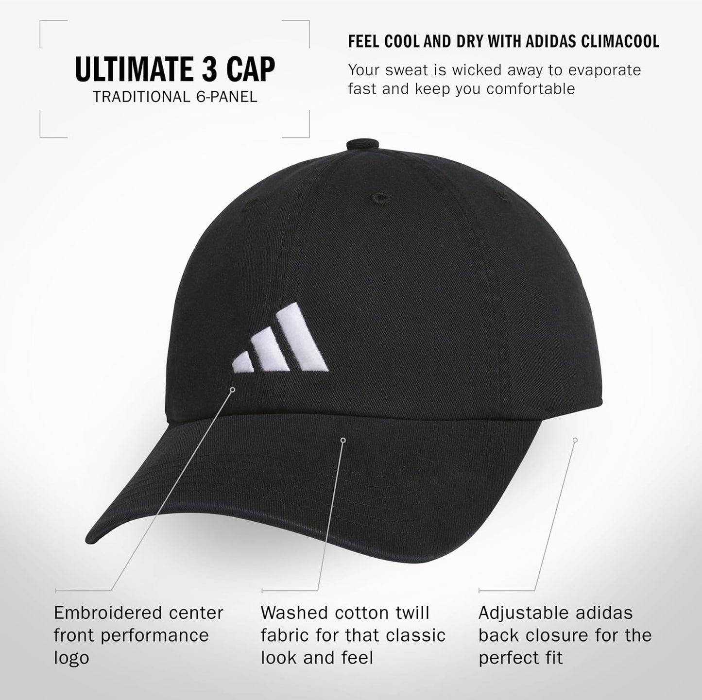 Adidas Mens Baseball Cap – Ultimate Adjustable Strapback Hat, Relaxed Fit, Cotton