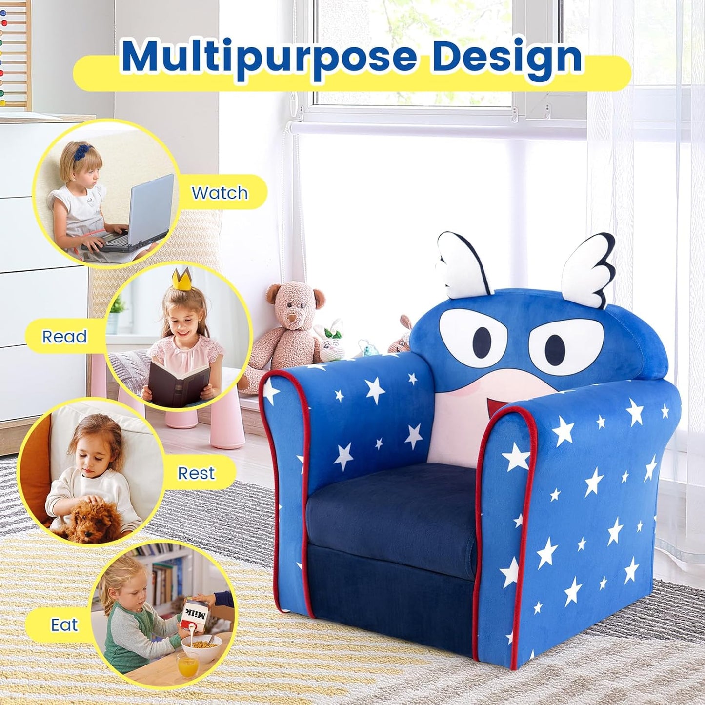 Costzon Kids Couch, Children's Sofa Armrest Chair with Pattern, Toddler Furniture w/Sturdy Wood Construction, Preschool, Lightweight Kids Couch Sofa Chair for Aged 1-5 Boys & Girls Gifts, Flyman