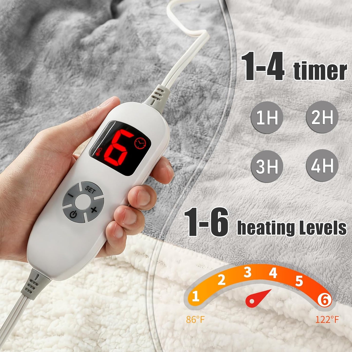 Heated Blanket Wearable Shawl - Electric Wrap Poncho Heated Throw Blanket with Hand Pockets, 50 * 64", 6 Heating Levels & 1-4H Timer, Ideal for Family, Light Grey