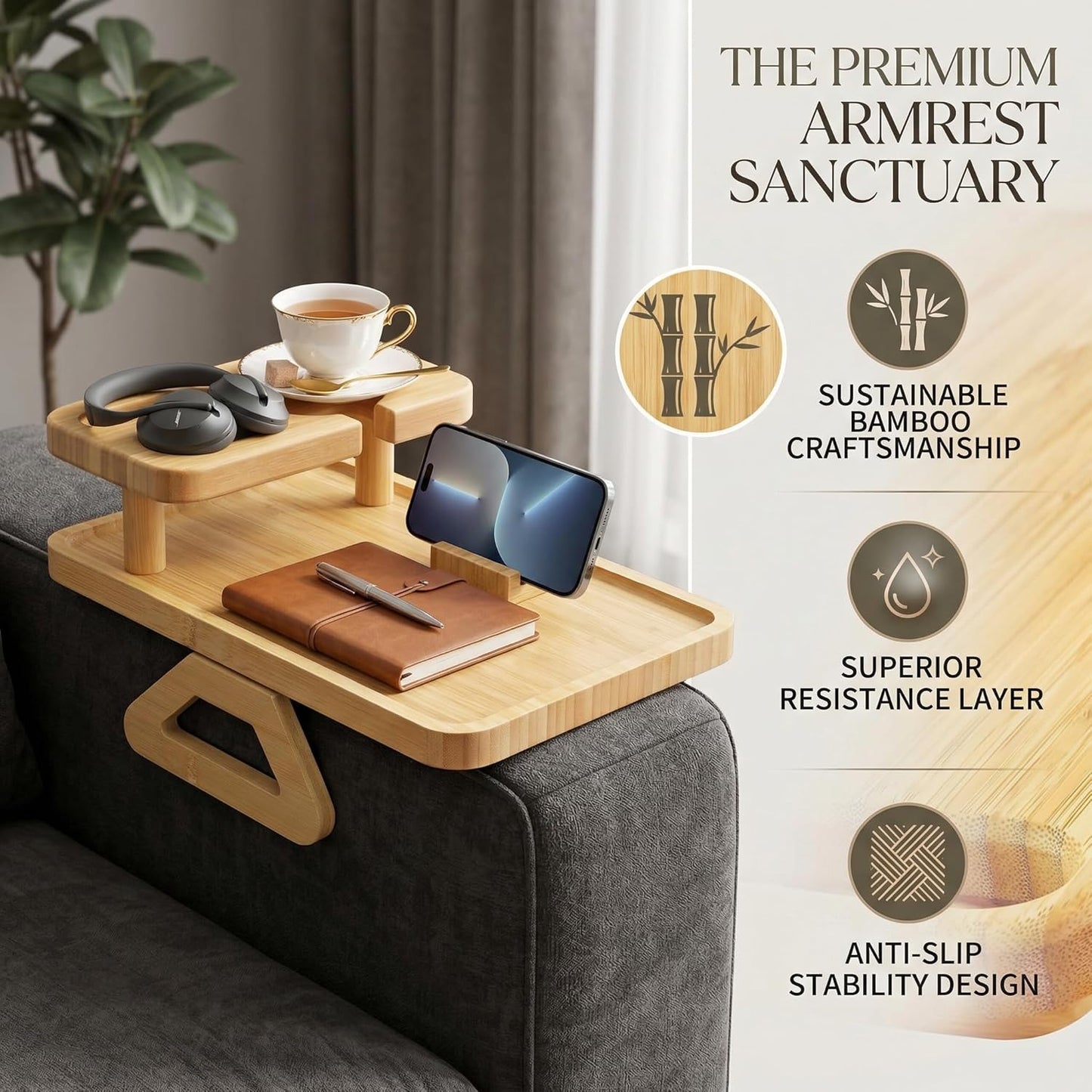 Wood Sofa Arm Tray Premium Bamboo Couch Armrest Tray with Phone Holder & Cup Holder | Sofa Side Table for Snacks, Drinks & Remote | 13.8"x9.8"x3.9" Folding Design