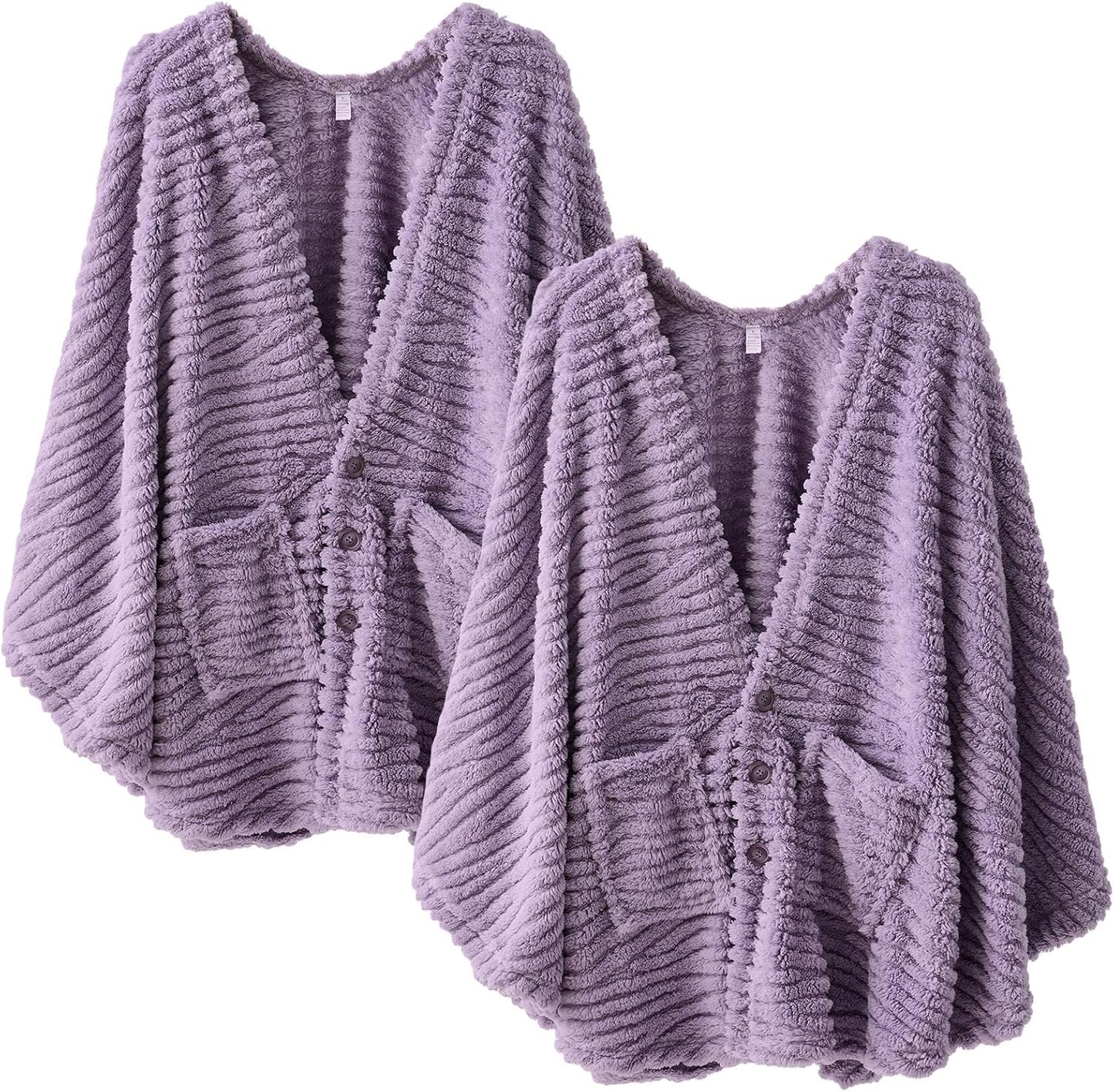 2 Pcs Fleece Wearable Blanket Winter Wrap Shawl with Pockets 58'' x 64'' Poncho Cape Warm Gifts for Adult Women Men Office Lounge Sofa (Purple,Fluff Polyester)